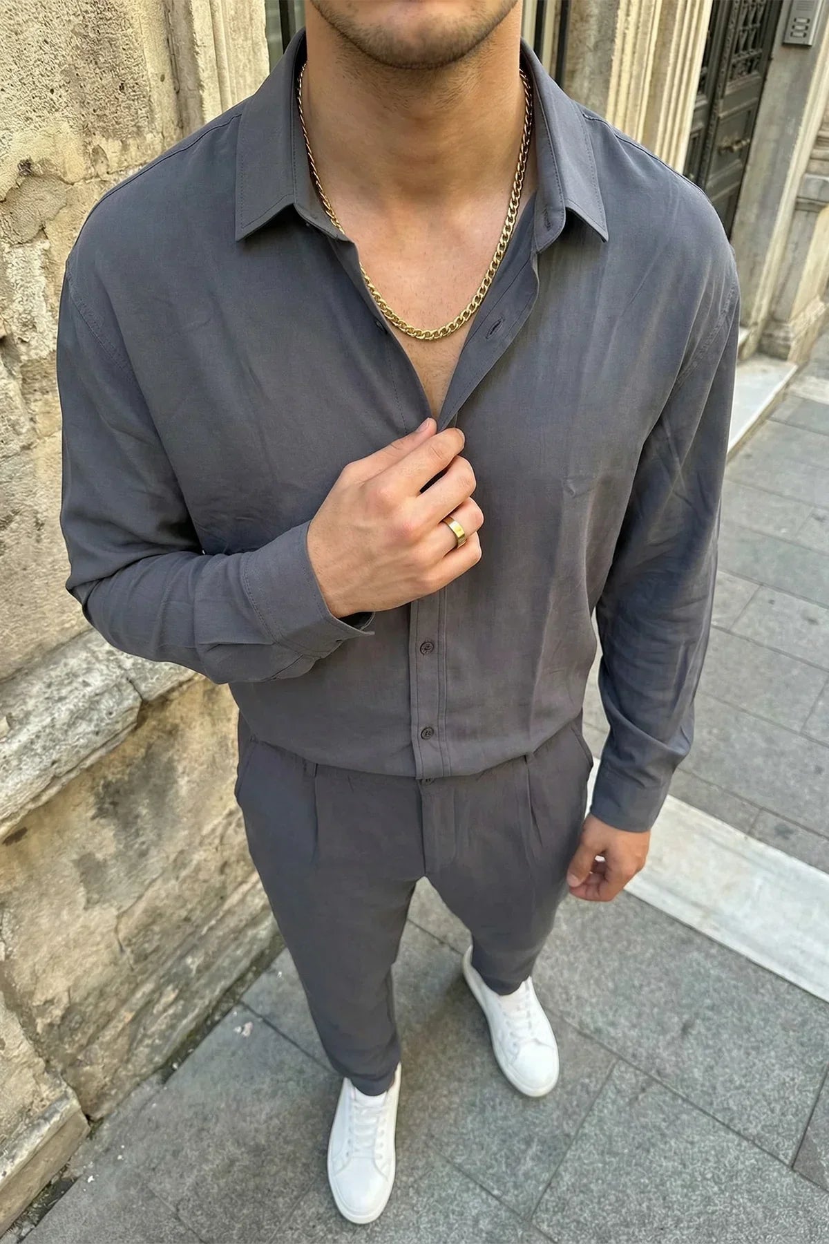 Noda %100 Pamuk Oversize Erkek Modal İkili Takım Gömlek Pantolon - Livio Ferri