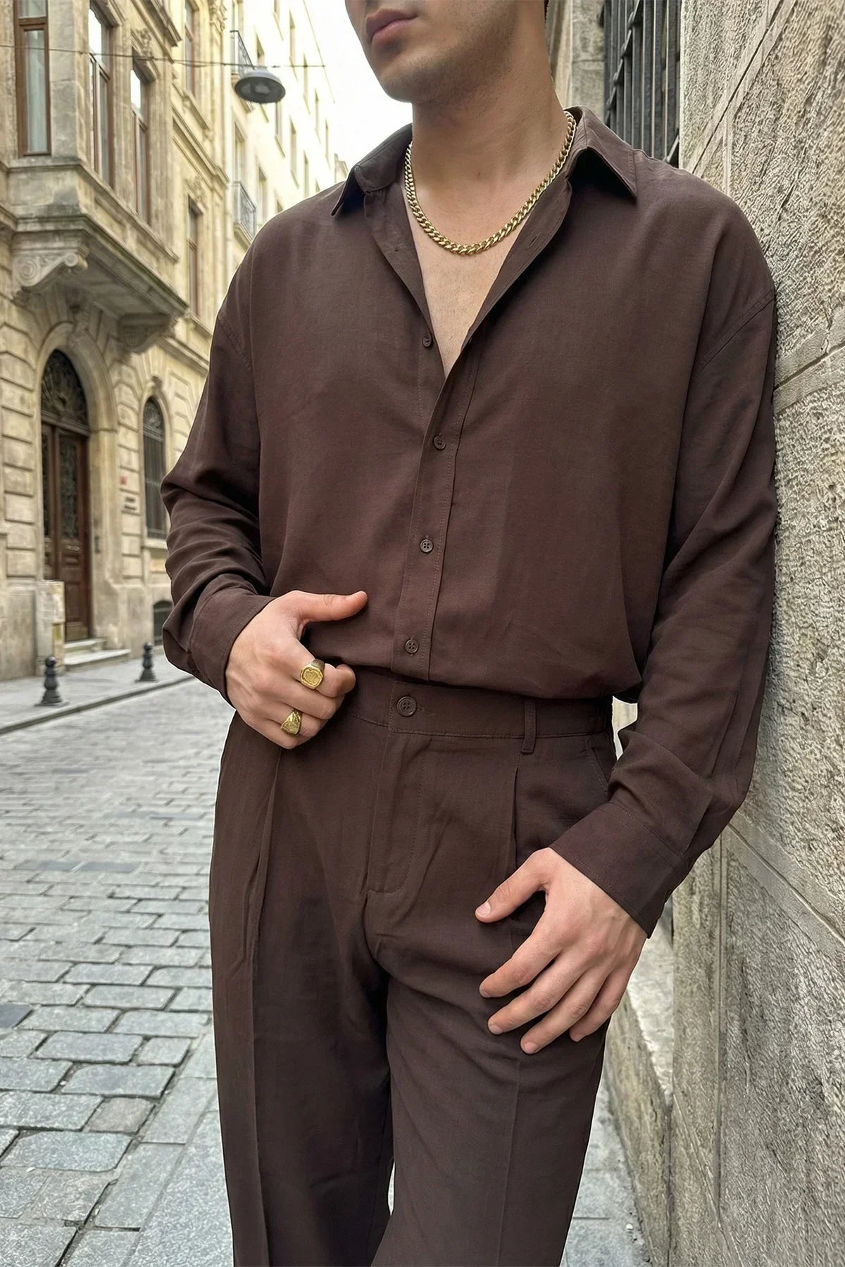Noda %100 Pamuk Oversize Erkek Modal İkili Takım Gömlek Pantolon - Livio Ferri