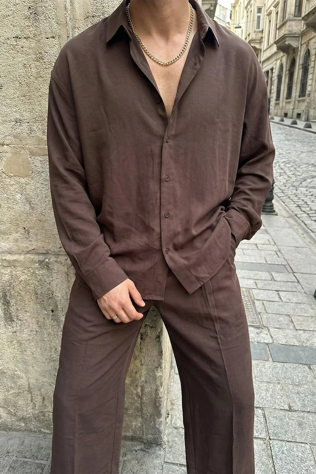 Noda %100 Pamuk Oversize Erkek Modal İkili Takım Gömlek Pantolon - Livio Ferri