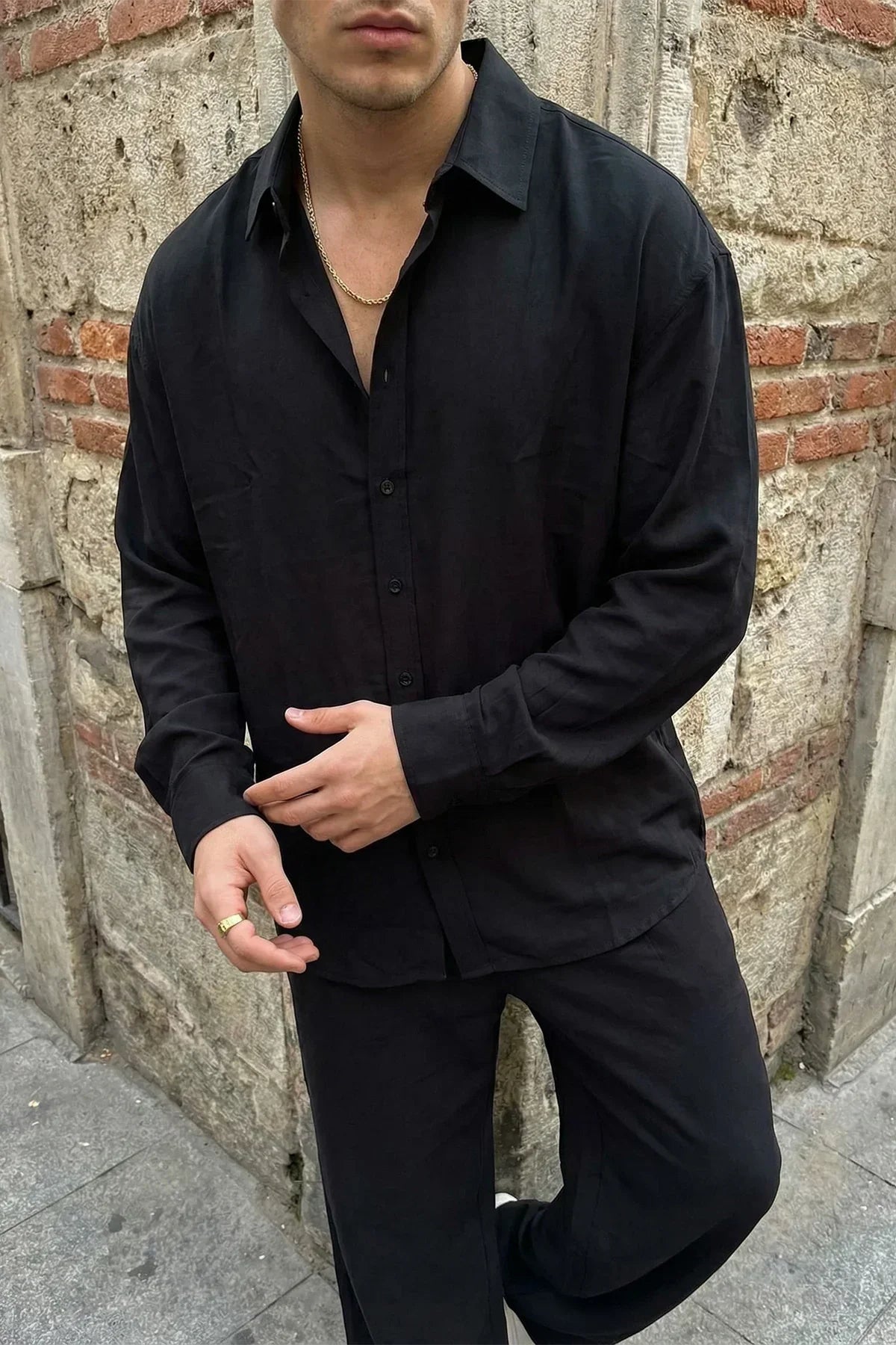 Noda %100 Pamuk Oversize Erkek Modal İkili Takım Gömlek Pantolon - Livio Ferri
