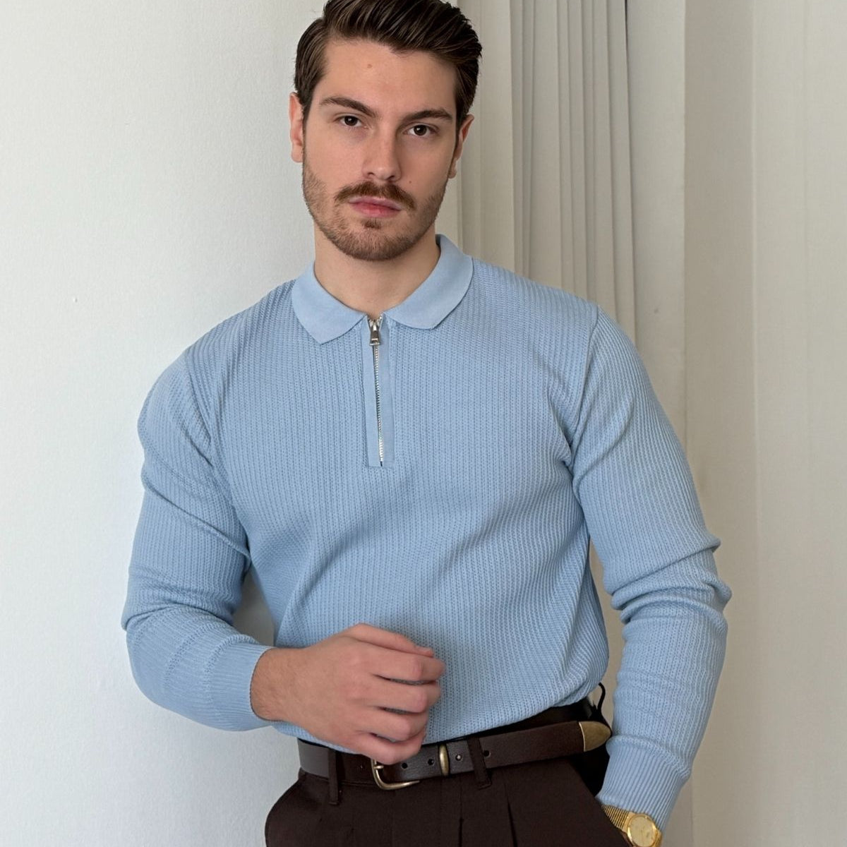 Noli Dokulu Yarım Fermuarlı Polo Yaka Regular Fit Erkek Triko Kazak