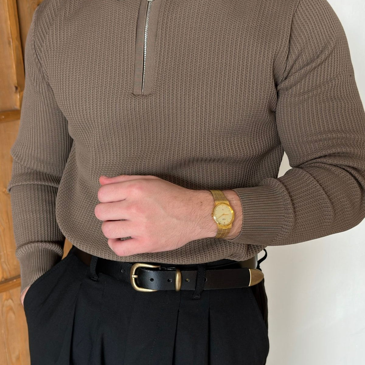 Noli Dokulu Yarım Fermuarlı Polo Yaka Regular Fit Erkek Triko Kazak