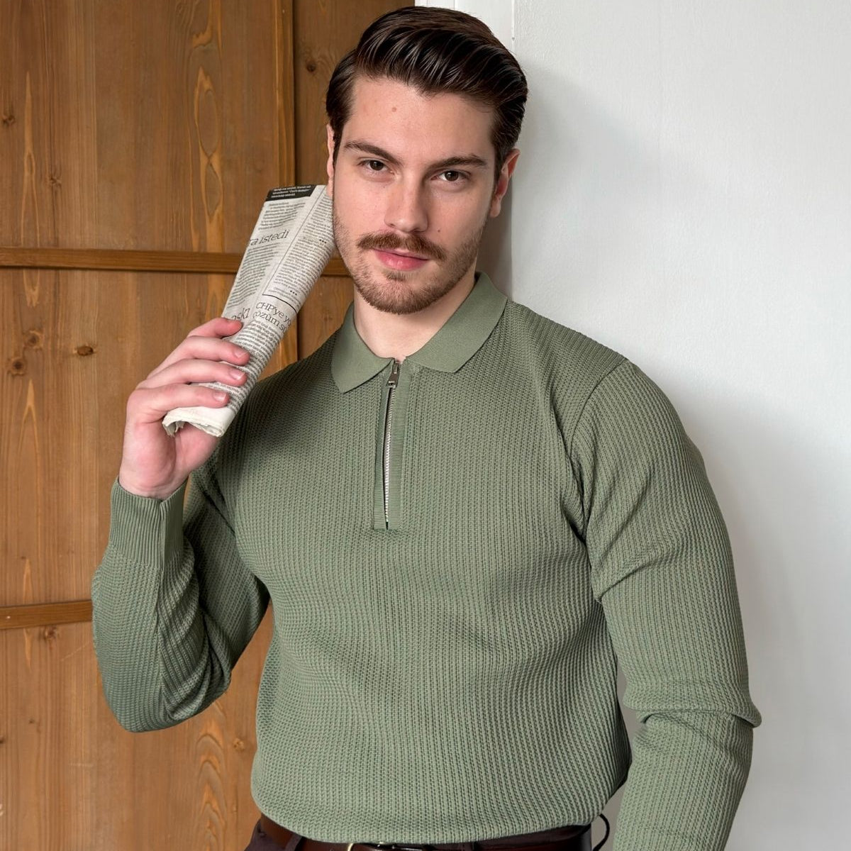 Noli Dokulu Yarım Fermuarlı Polo Yaka Regular Fit Erkek Triko Kazak