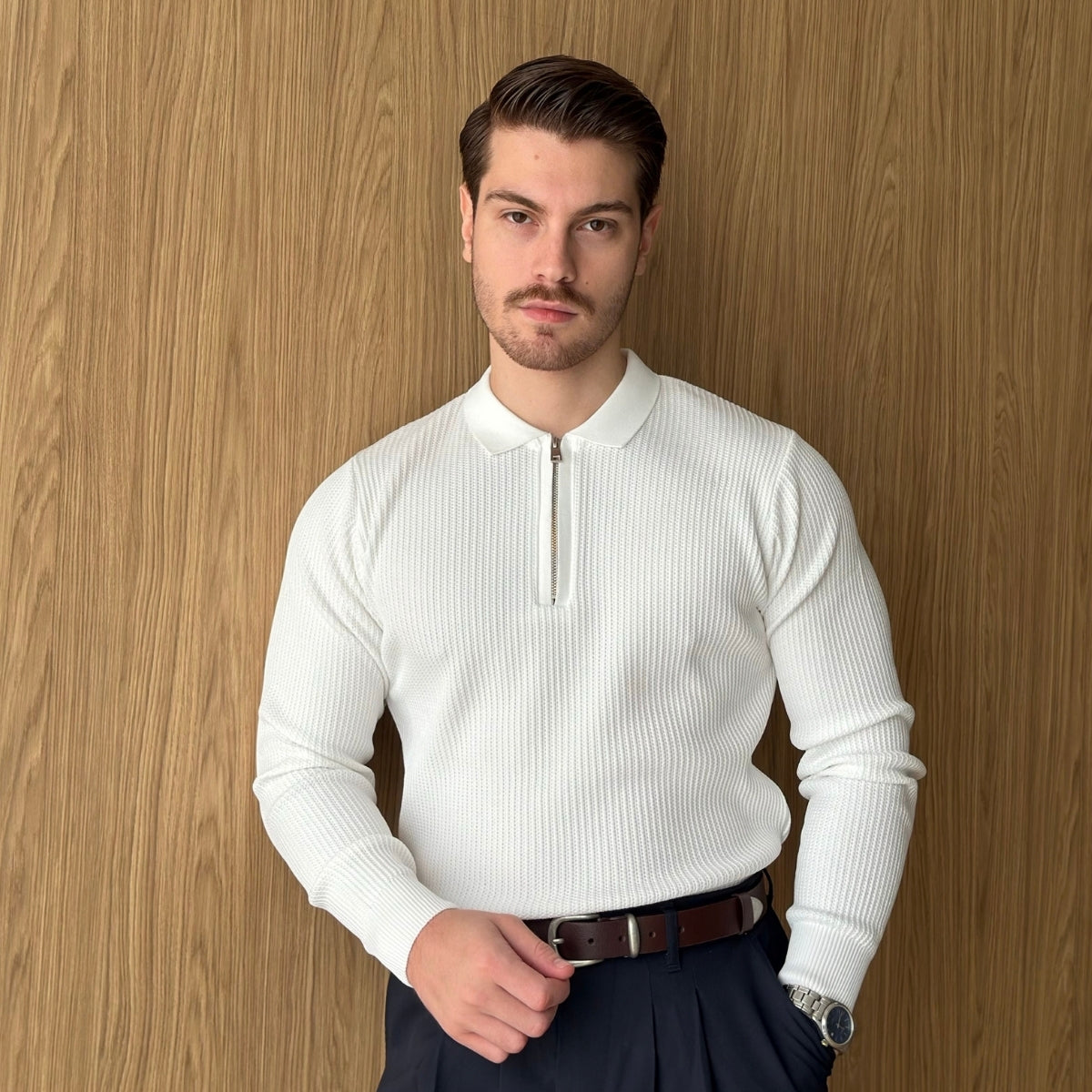 Noli Dokulu Yarım Fermuarlı Polo Yaka Regular Fit Erkek Triko Kazak