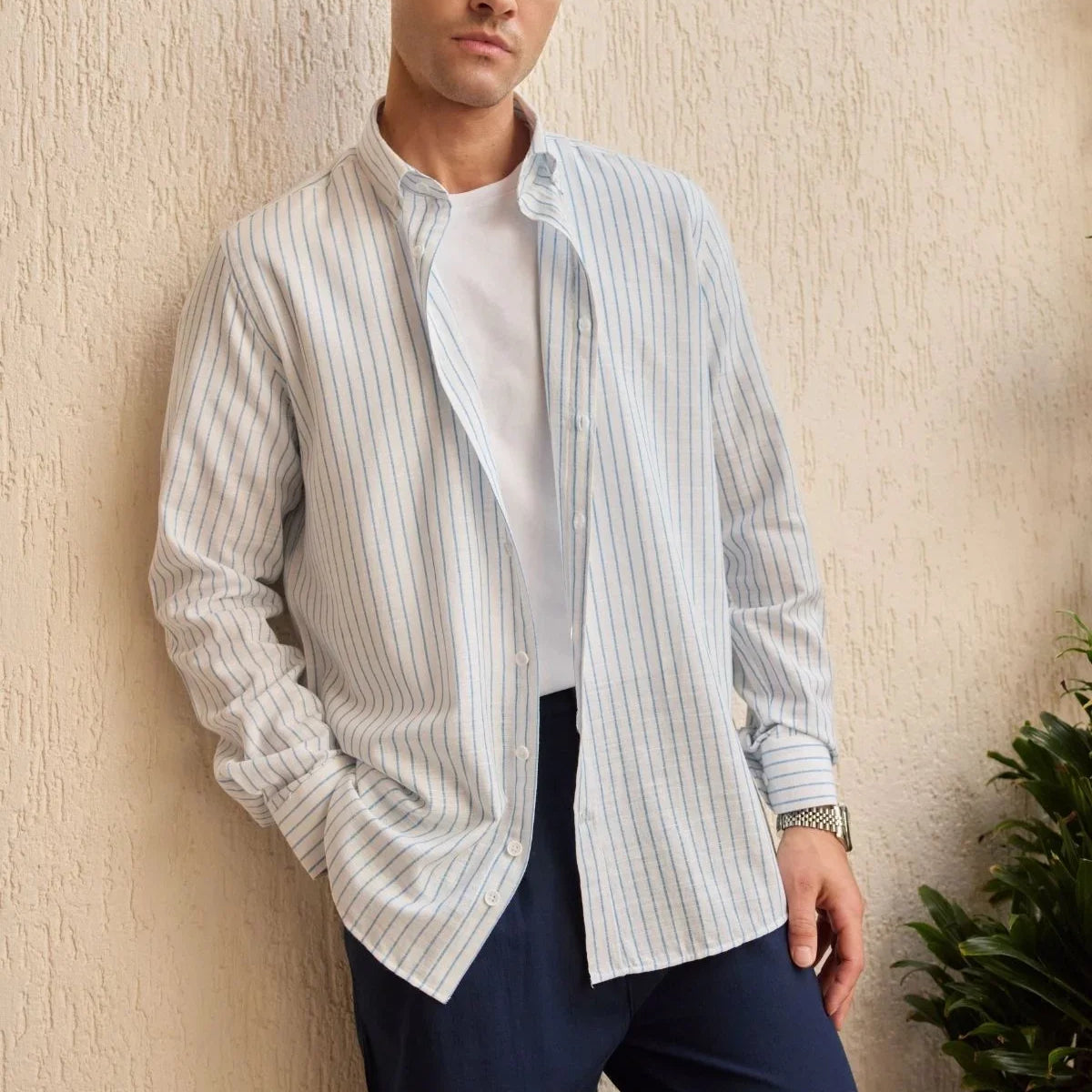 onan-erkek-klasik-gomlek-modern-slim-fit-keten-gorunumlu-ince-cizgili-desen-24179 - Livio Ferri