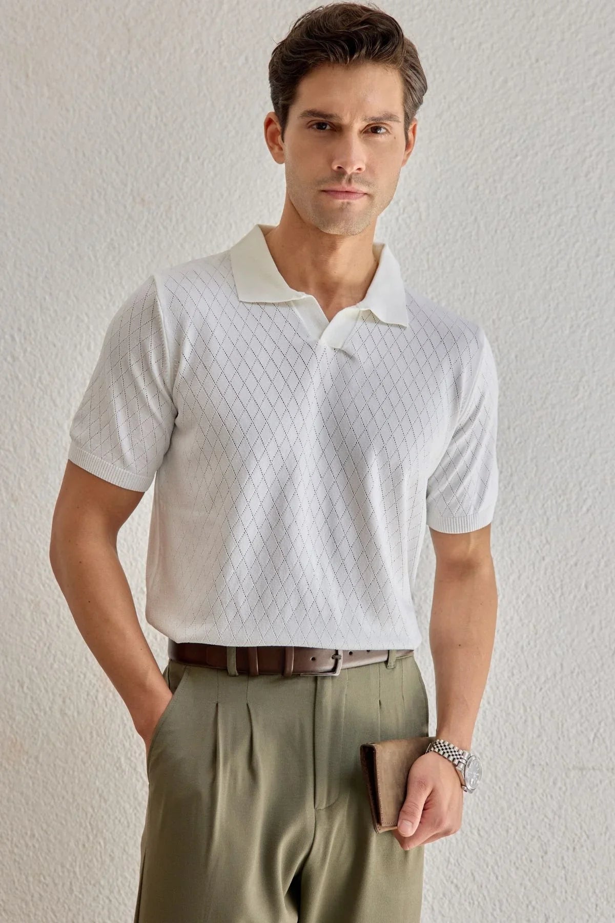 Onor Erkek Kendinden Desenli Polo Yaka Triko Tişört Geniş Kalıp Hafif Doku - Livio Ferri