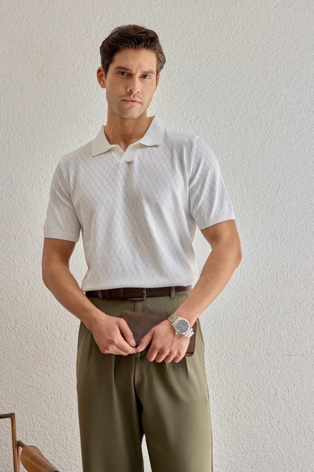 Onor Erkek Kendinden Desenli Polo Yaka Triko Tişört Geniş Kalıp Hafif Doku - Livio Ferri