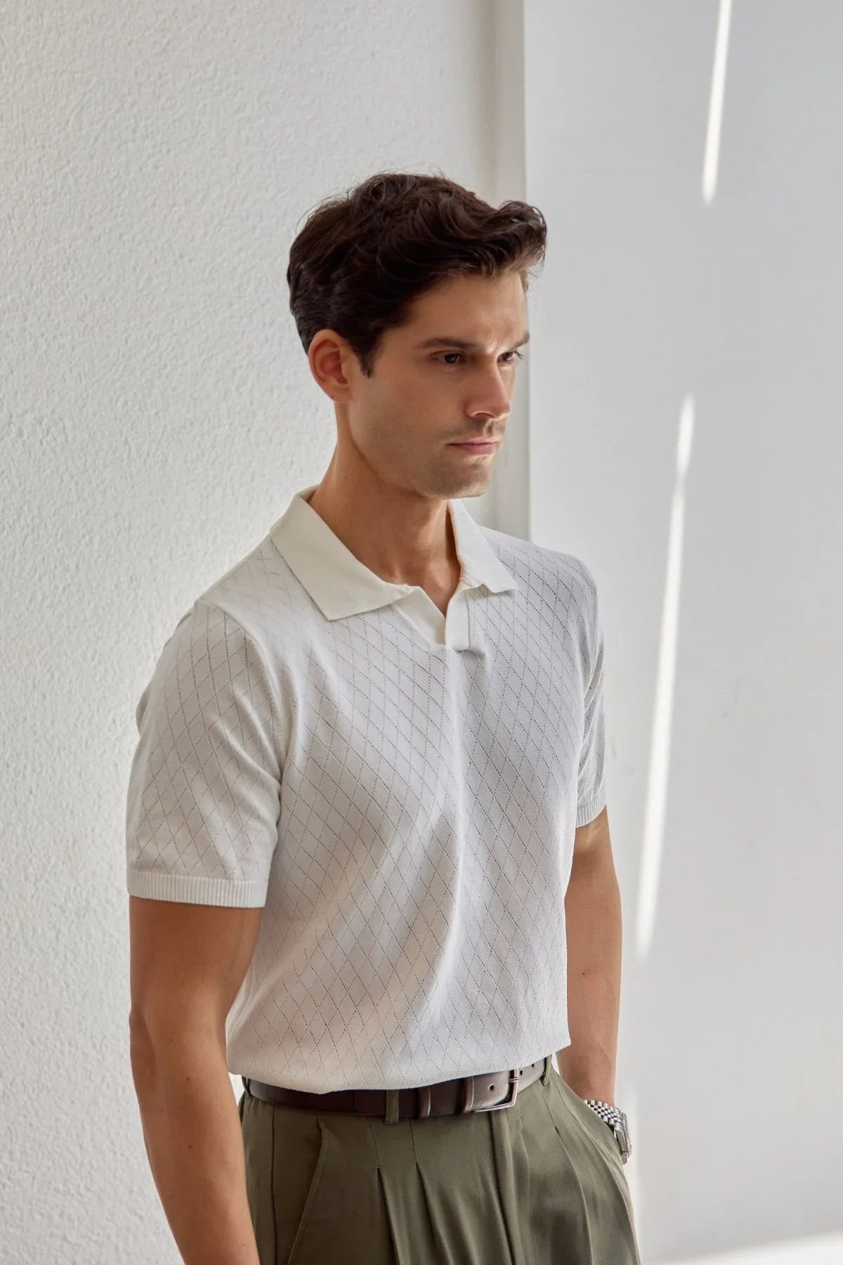 Onor Erkek Kendinden Desenli Polo Yaka Triko Tişört Geniş Kalıp Hafif Doku - Livio Ferri