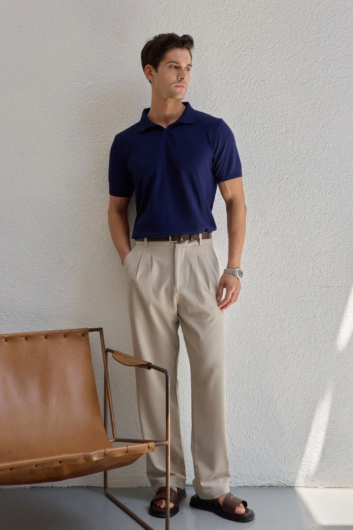 Onor Erkek Kendinden Desenli Polo Yaka Triko Tişört Geniş Kalıp Hafif Doku - Livio Ferri