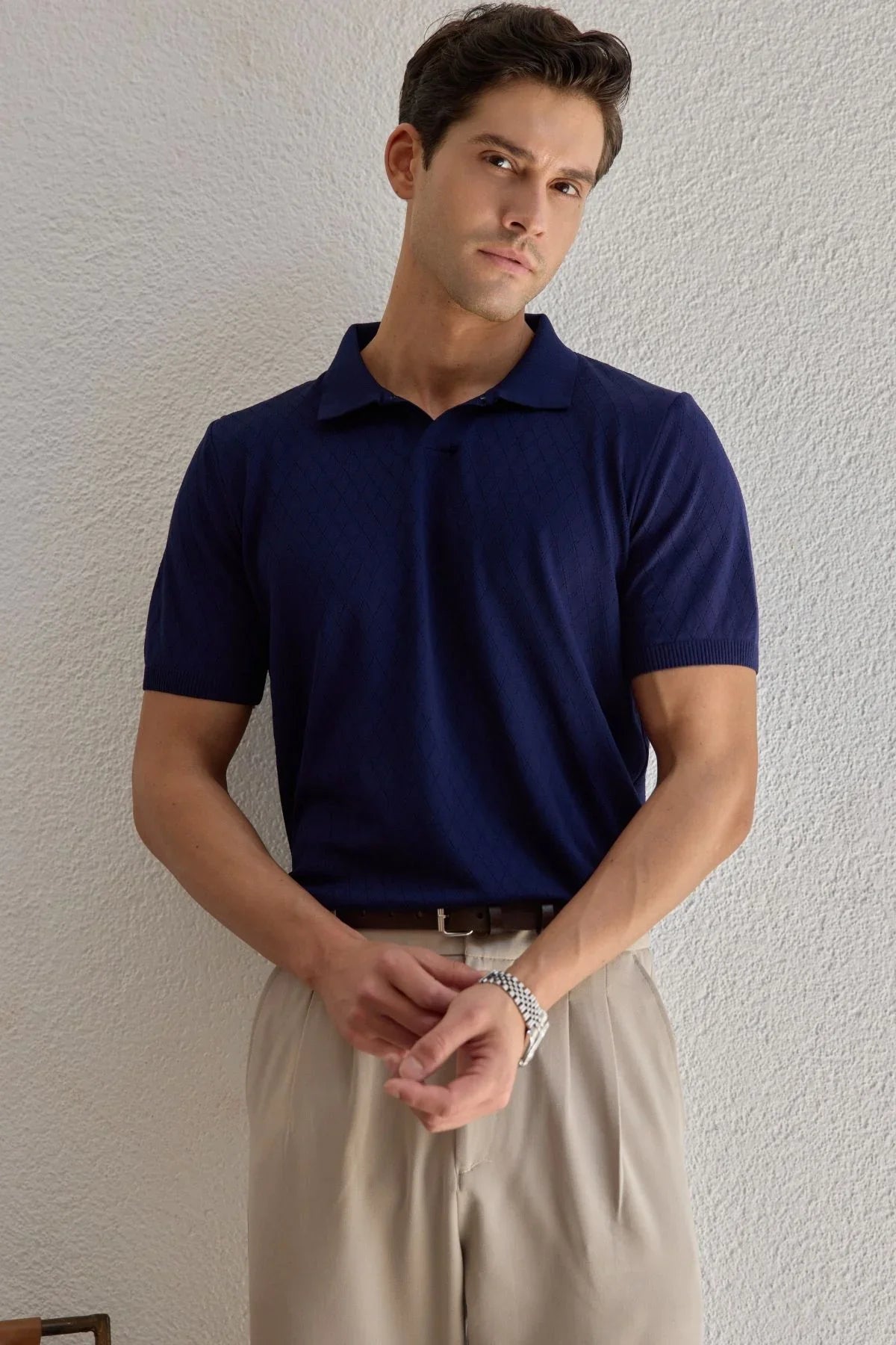 Onor Erkek Kendinden Desenli Polo Yaka Triko Tişört Geniş Kalıp Hafif Doku - Livio Ferri