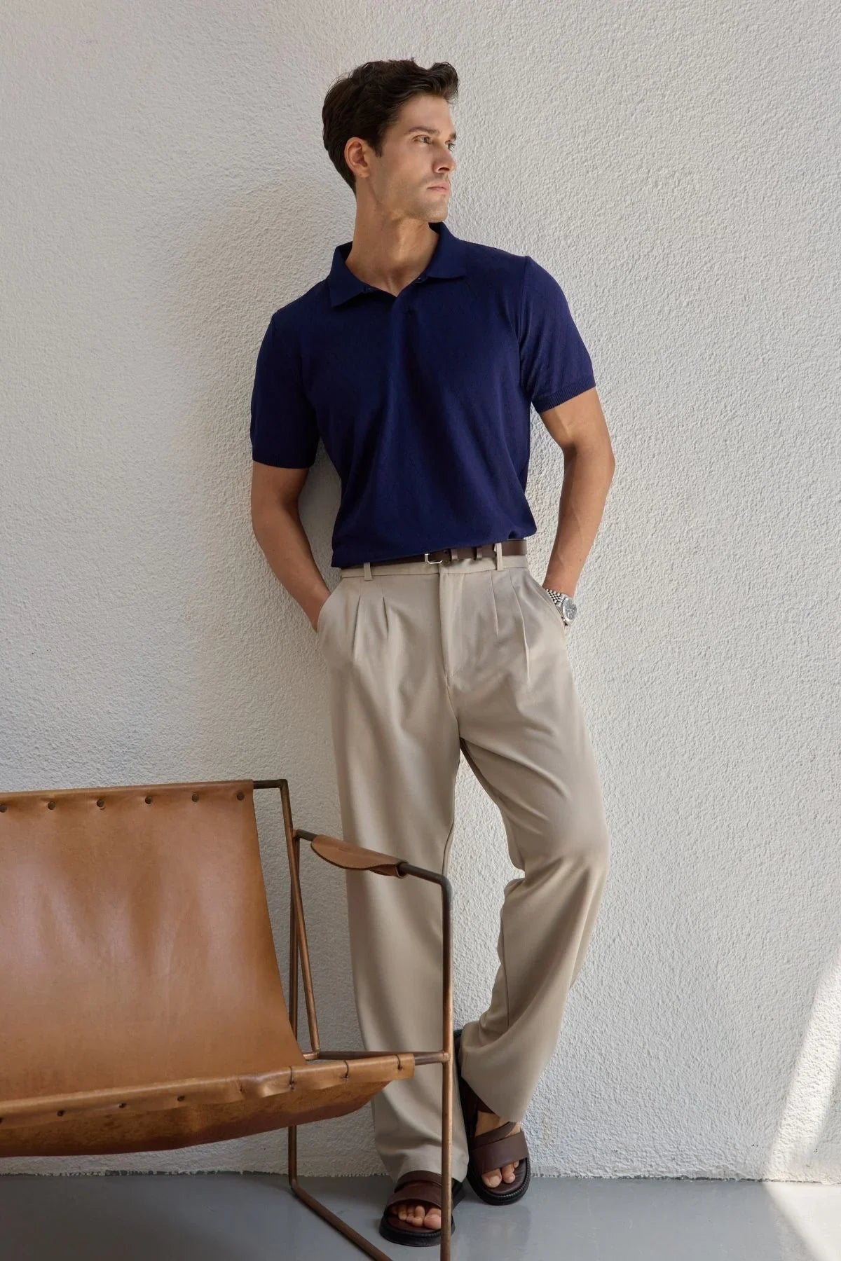 Onor Erkek Kendinden Desenli Polo Yaka Triko Tişört Geniş Kalıp Hafif Doku - Livio Ferri