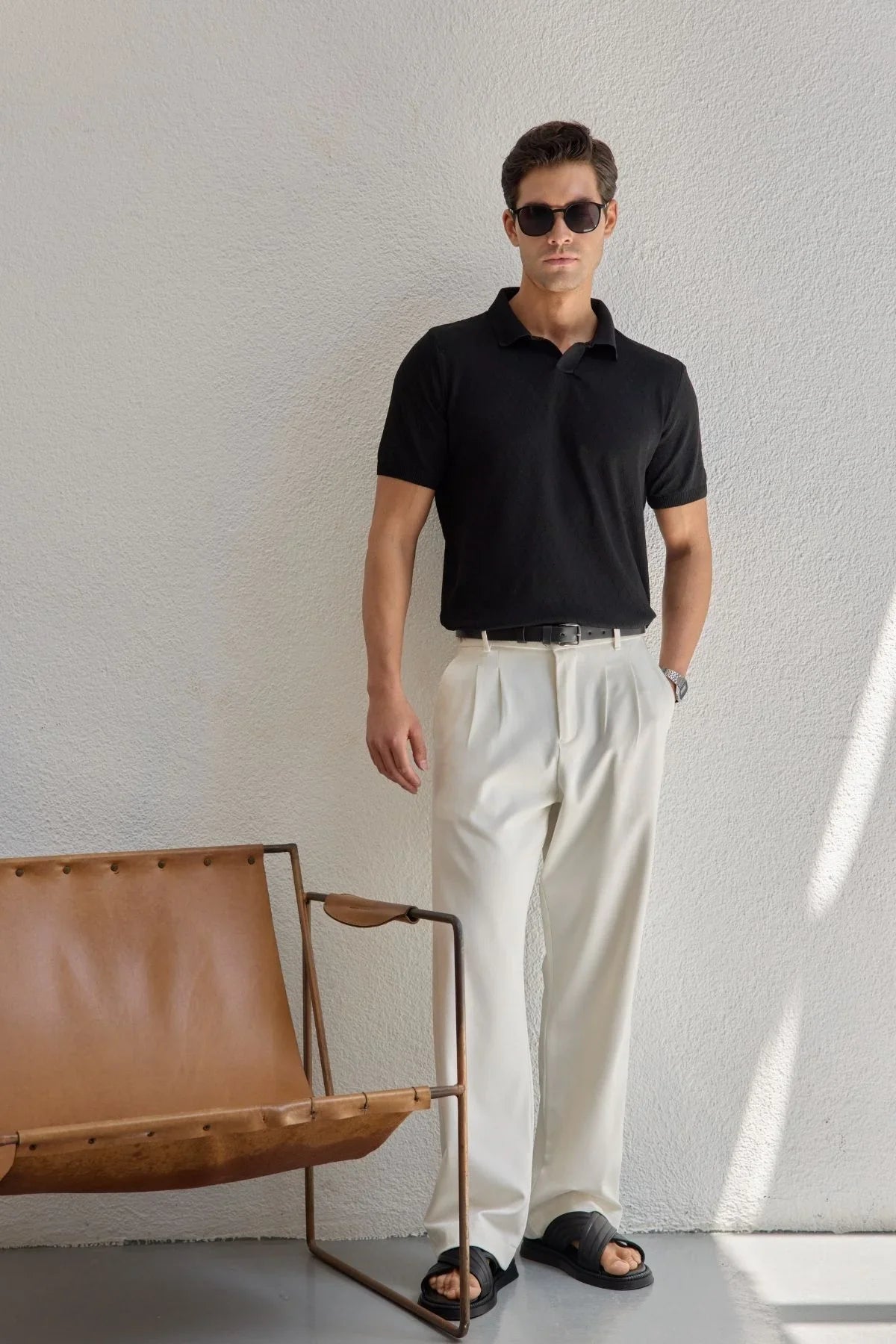 Onor Erkek Kendinden Desenli Polo Yaka Triko Tişört Geniş Kalıp Hafif Doku - Livio Ferri