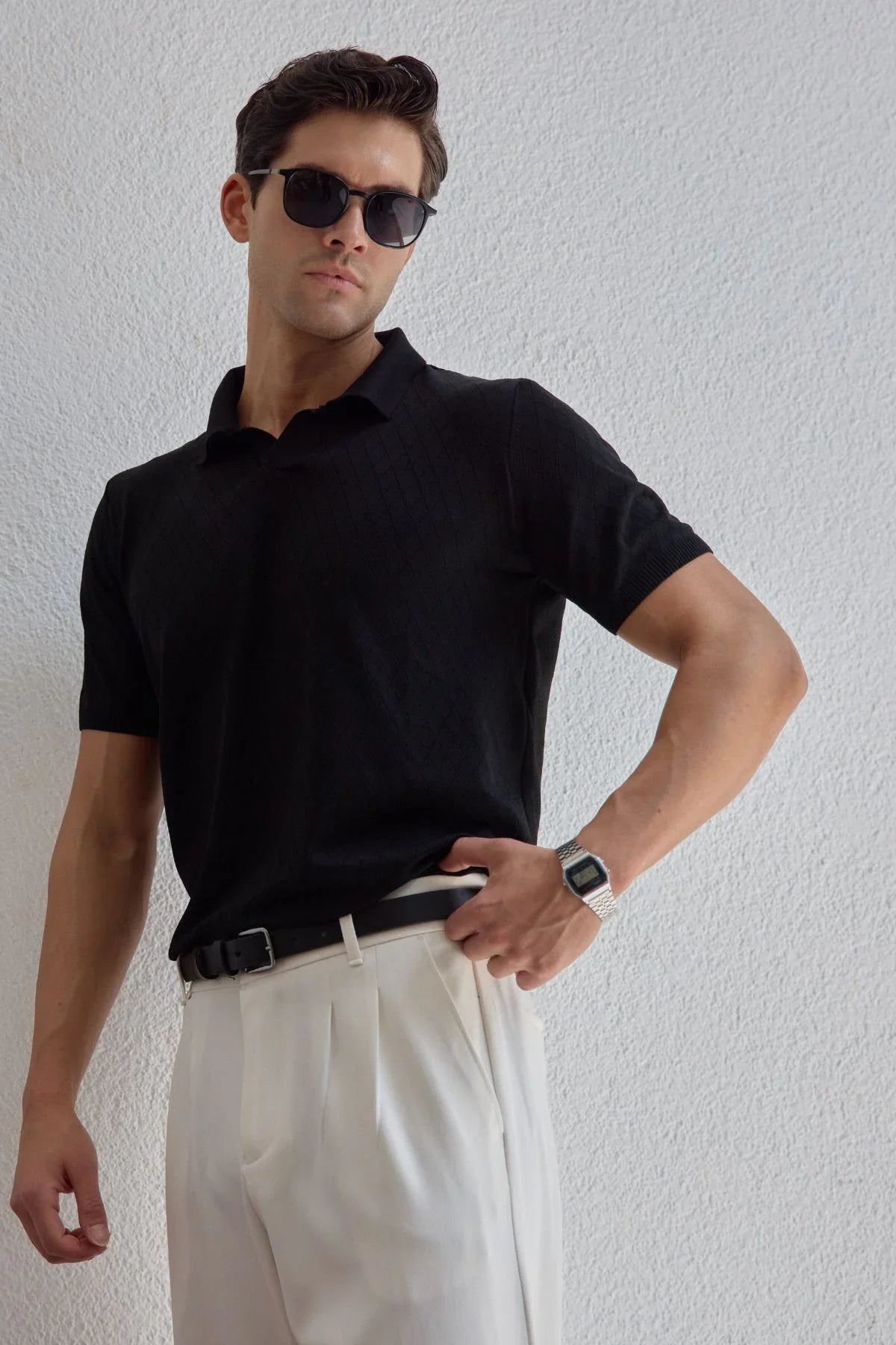 Onor Erkek Kendinden Desenli Polo Yaka Triko Tişört Geniş Kalıp Hafif Doku - Livio Ferri