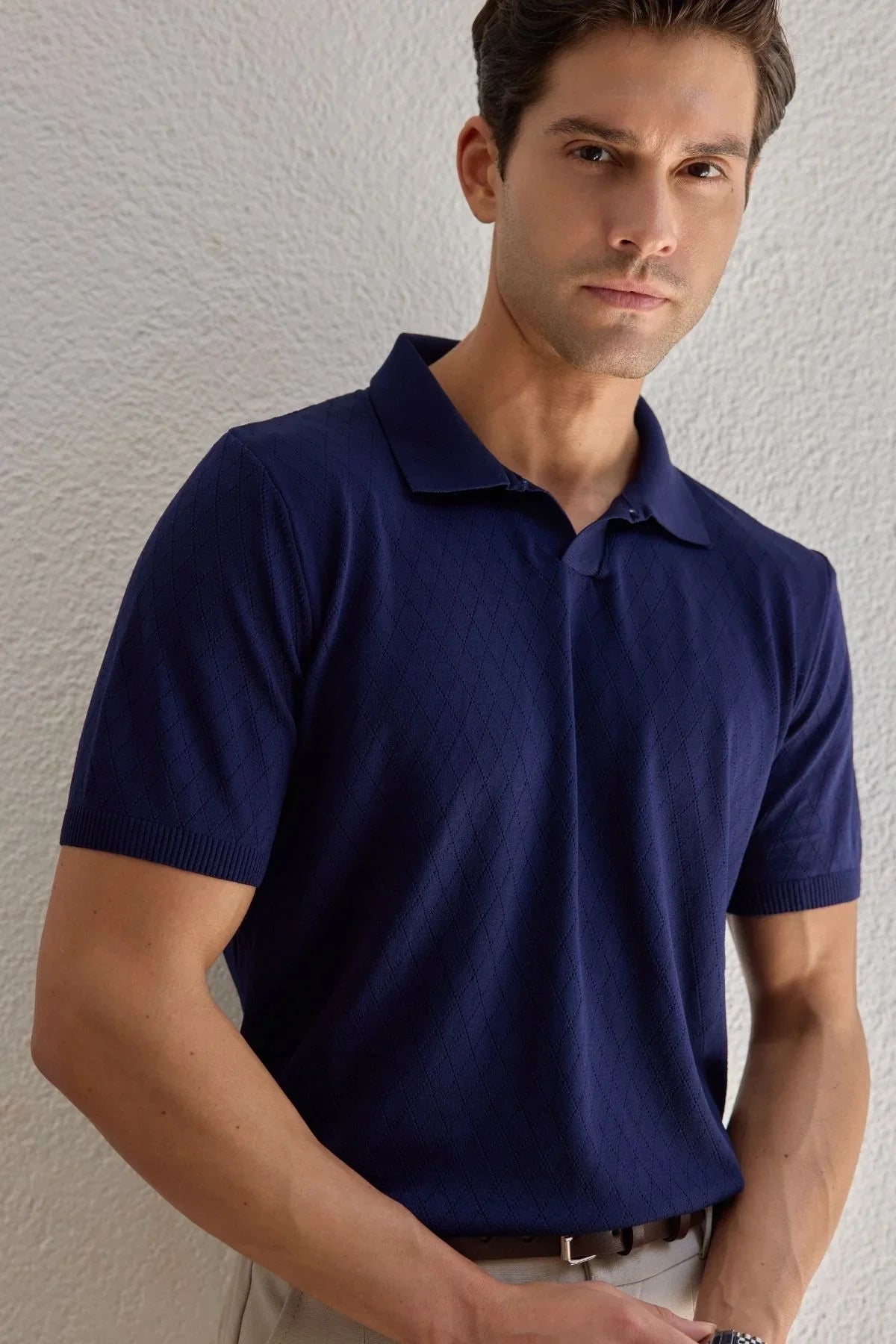 Onor Erkek Kendinden Desenli Polo Yaka Triko Tişört Geniş Kalıp Hafif Doku - Livio Ferri