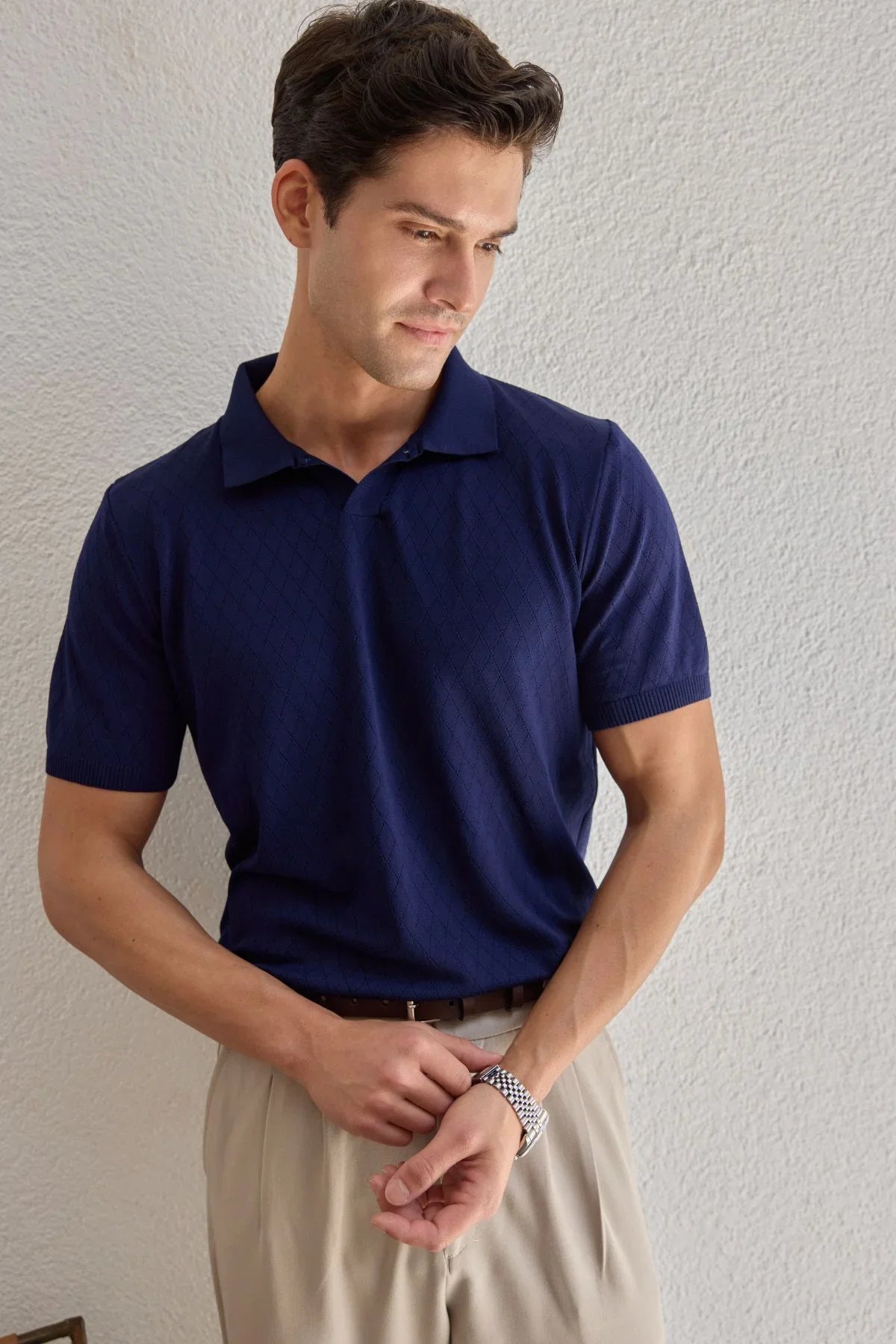 Onor Erkek Kendinden Desenli Polo Yaka Triko Tişört Geniş Kalıp Hafif Doku - Livio Ferri