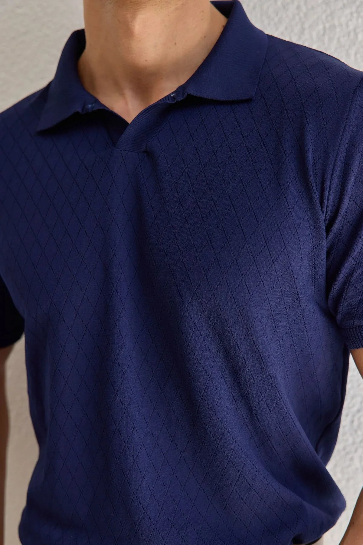 Onor Erkek Kendinden Desenli Polo Yaka Triko Tişört Geniş Kalıp Hafif Doku - Livio Ferri