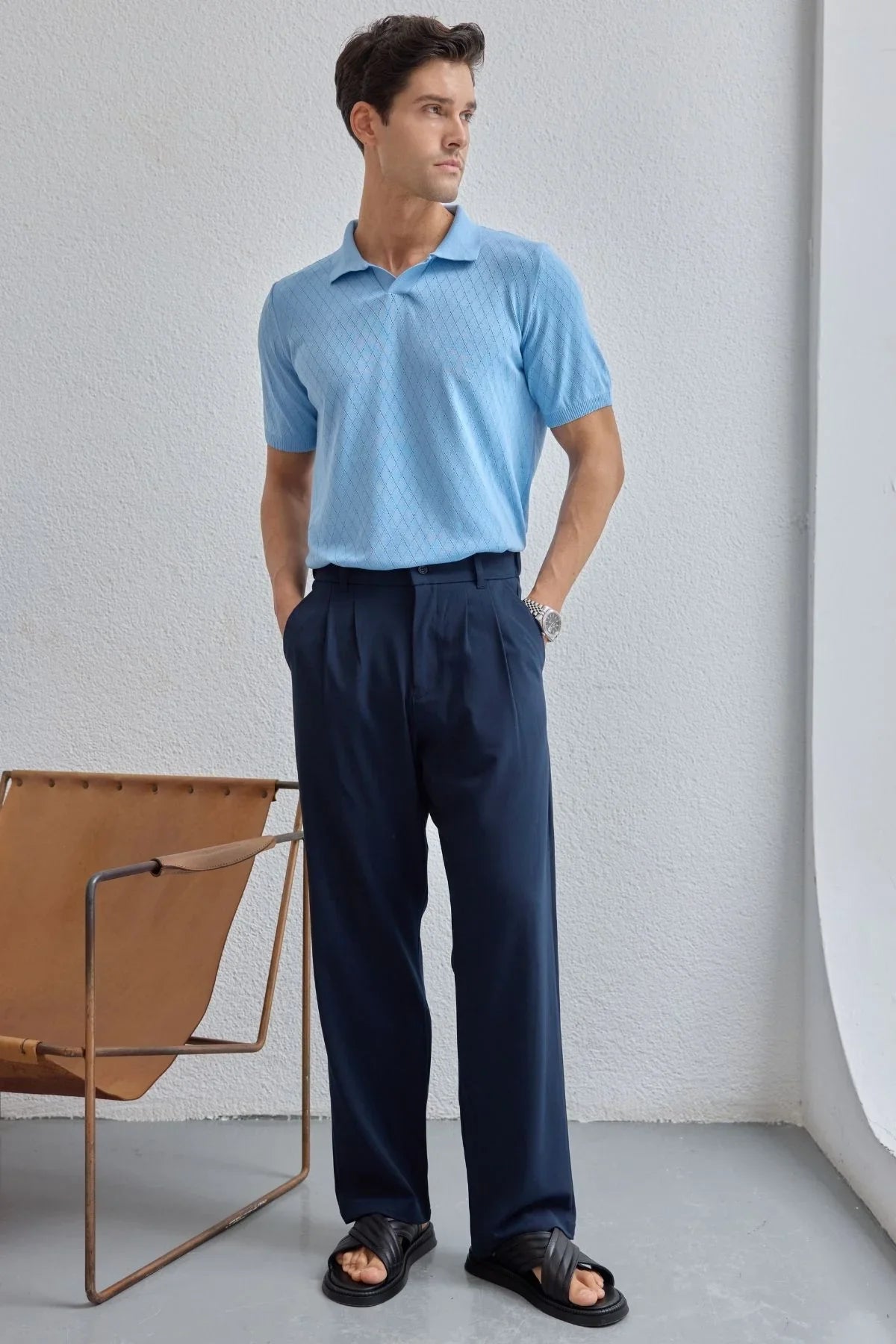 Onor Erkek Kendinden Desenli Polo Yaka Triko Tişört Geniş Kalıp Hafif Doku - Livio Ferri