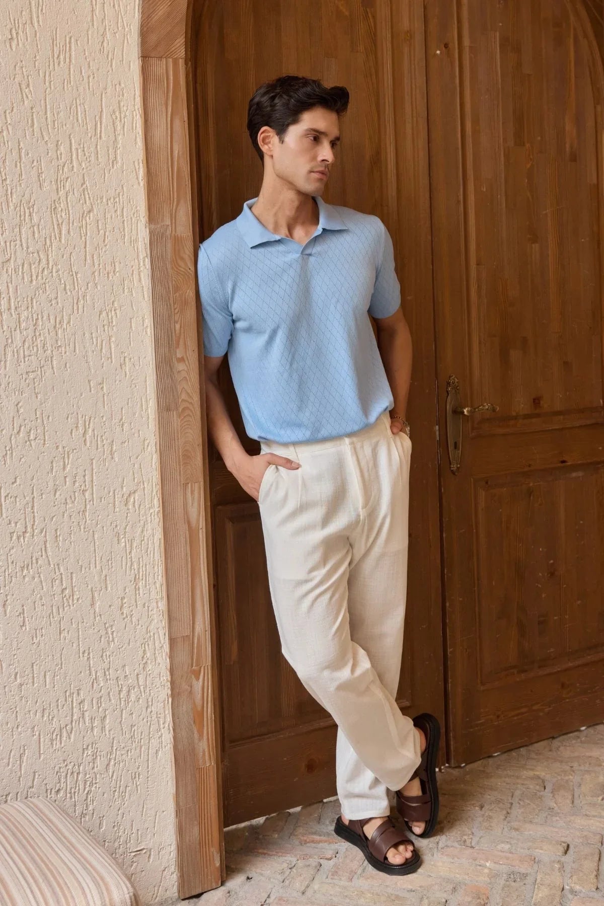 Onor Erkek Kendinden Desenli Polo Yaka Triko Tişört Geniş Kalıp Hafif Doku - Livio Ferri