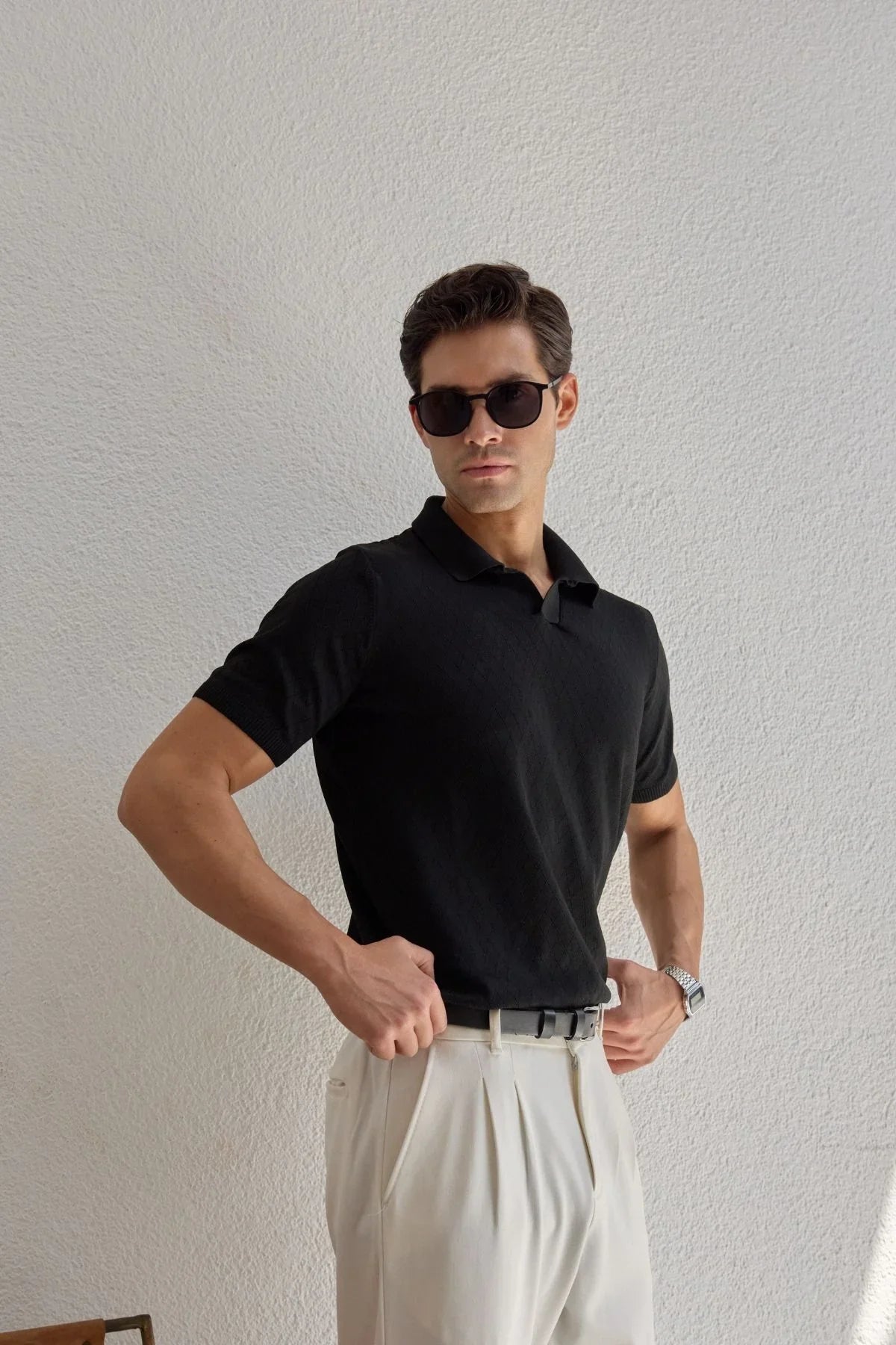 Onor Erkek Kendinden Desenli Polo Yaka Triko Tişört Geniş Kalıp Hafif Doku - Livio Ferri