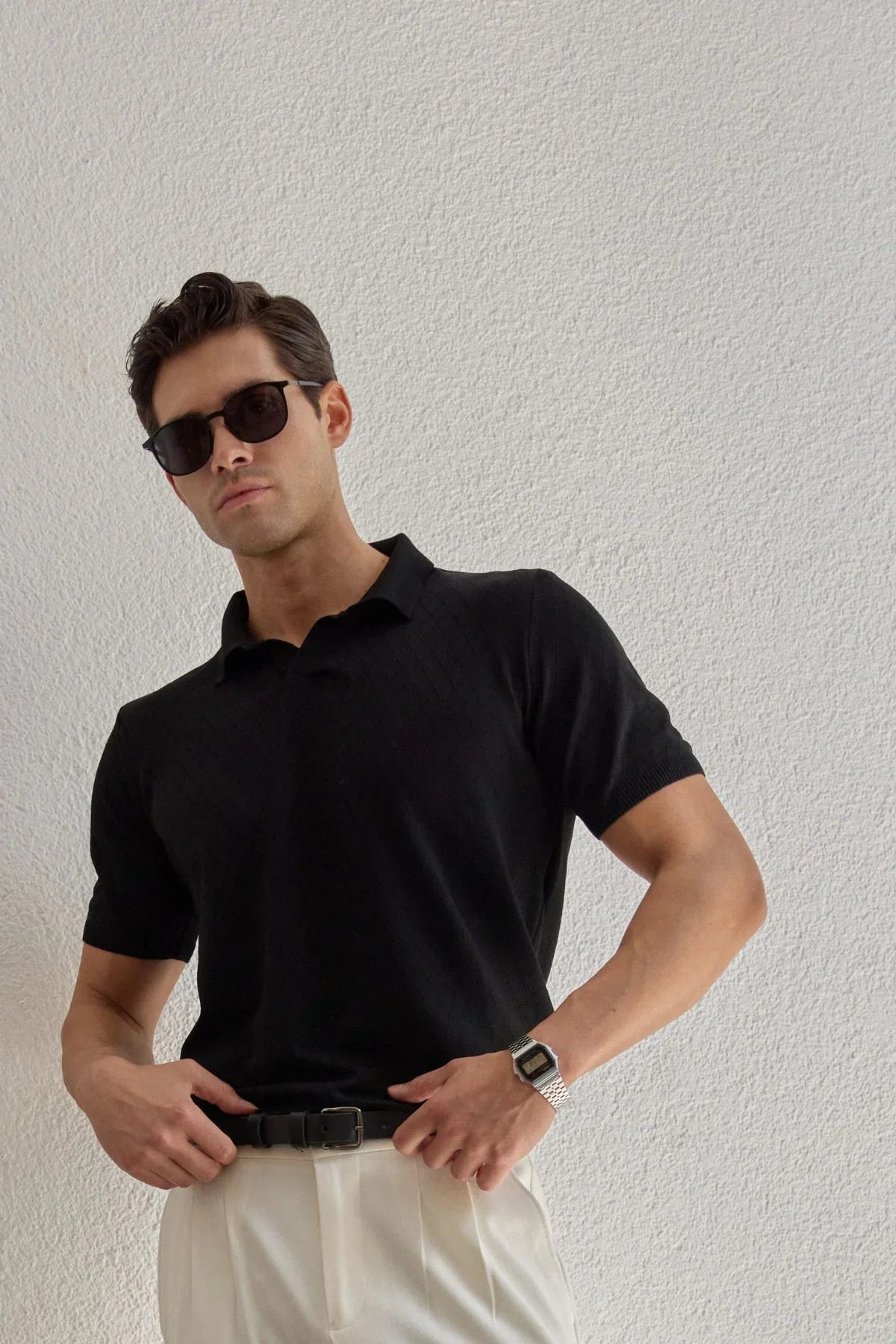 Onor Erkek Kendinden Desenli Polo Yaka Triko Tişört Geniş Kalıp Hafif Doku - Livio Ferri