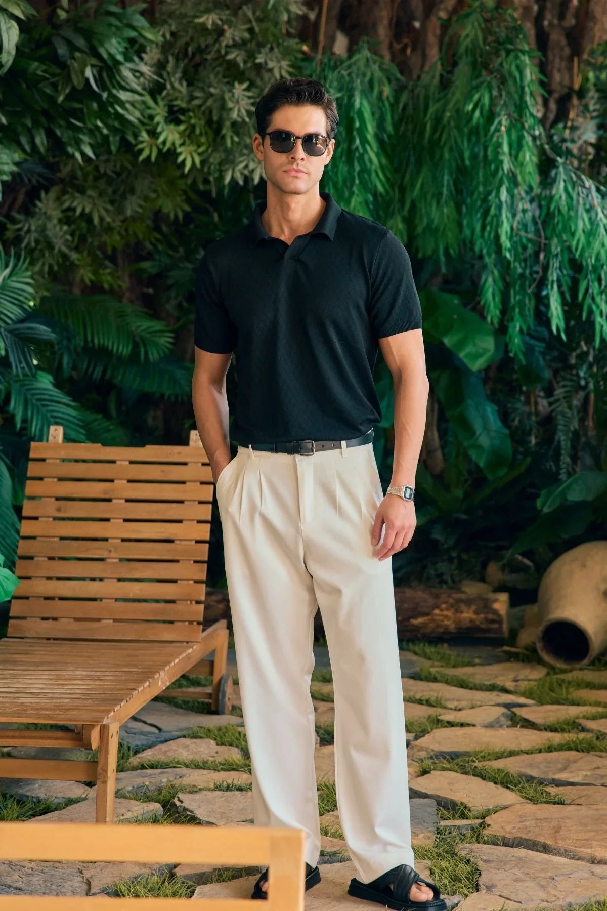 Onor Erkek Kendinden Desenli Polo Yaka Triko Tişört Geniş Kalıp Hafif Doku - Livio Ferri