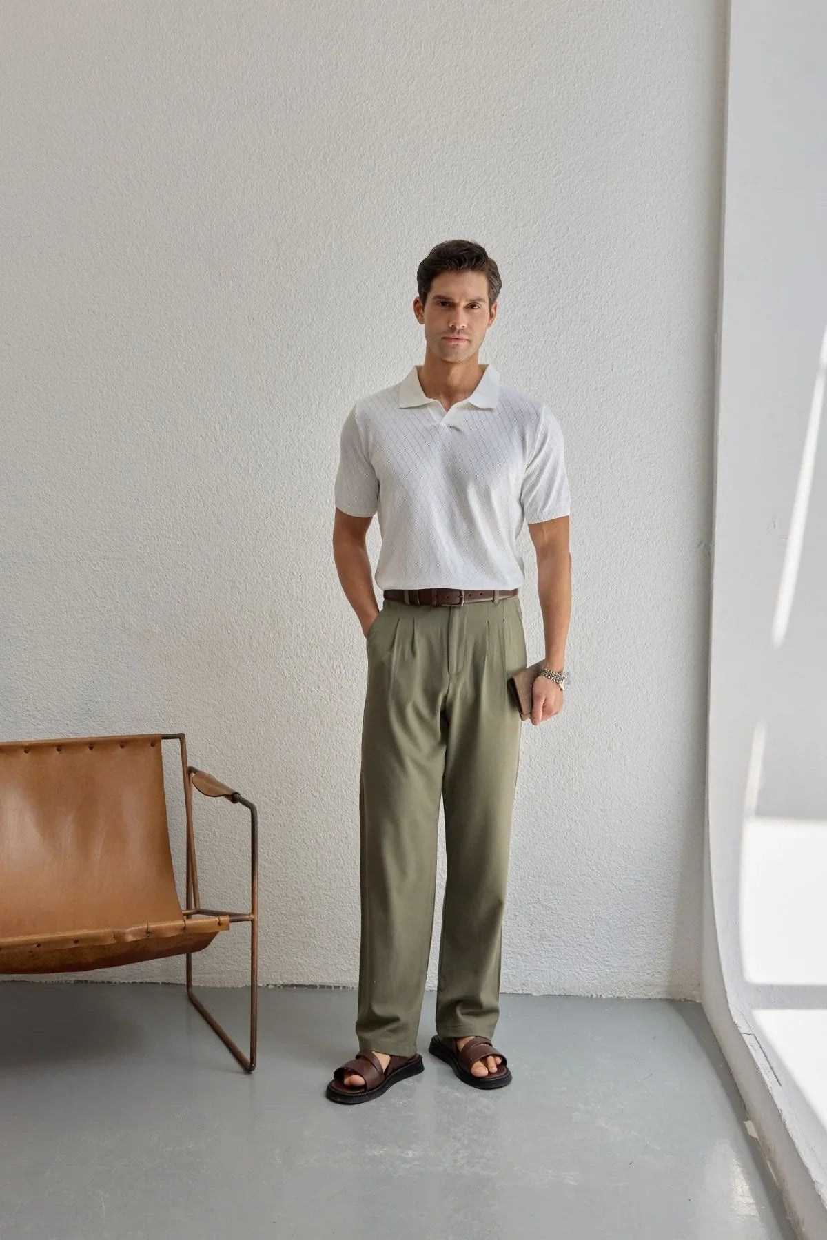 Onor Erkek Kendinden Desenli Polo Yaka Triko Tişört Geniş Kalıp Hafif Doku - Livio Ferri