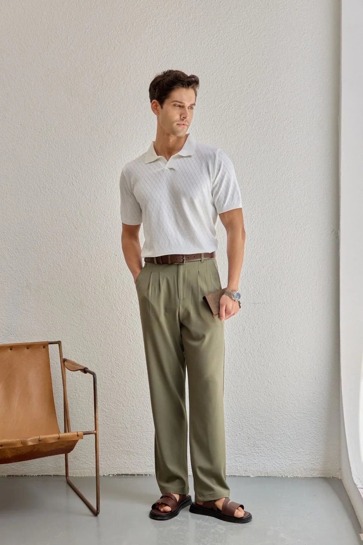 Onor Erkek Kendinden Desenli Polo Yaka Triko Tişört Geniş Kalıp Hafif Doku - Livio Ferri