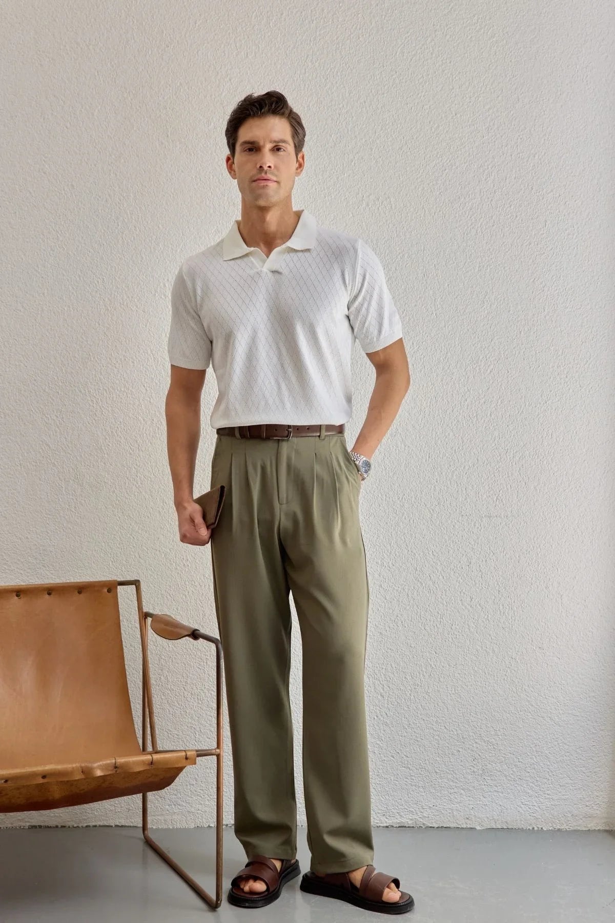 Onor Erkek Kendinden Desenli Polo Yaka Triko Tişört Geniş Kalıp Hafif Doku - Livio Ferri