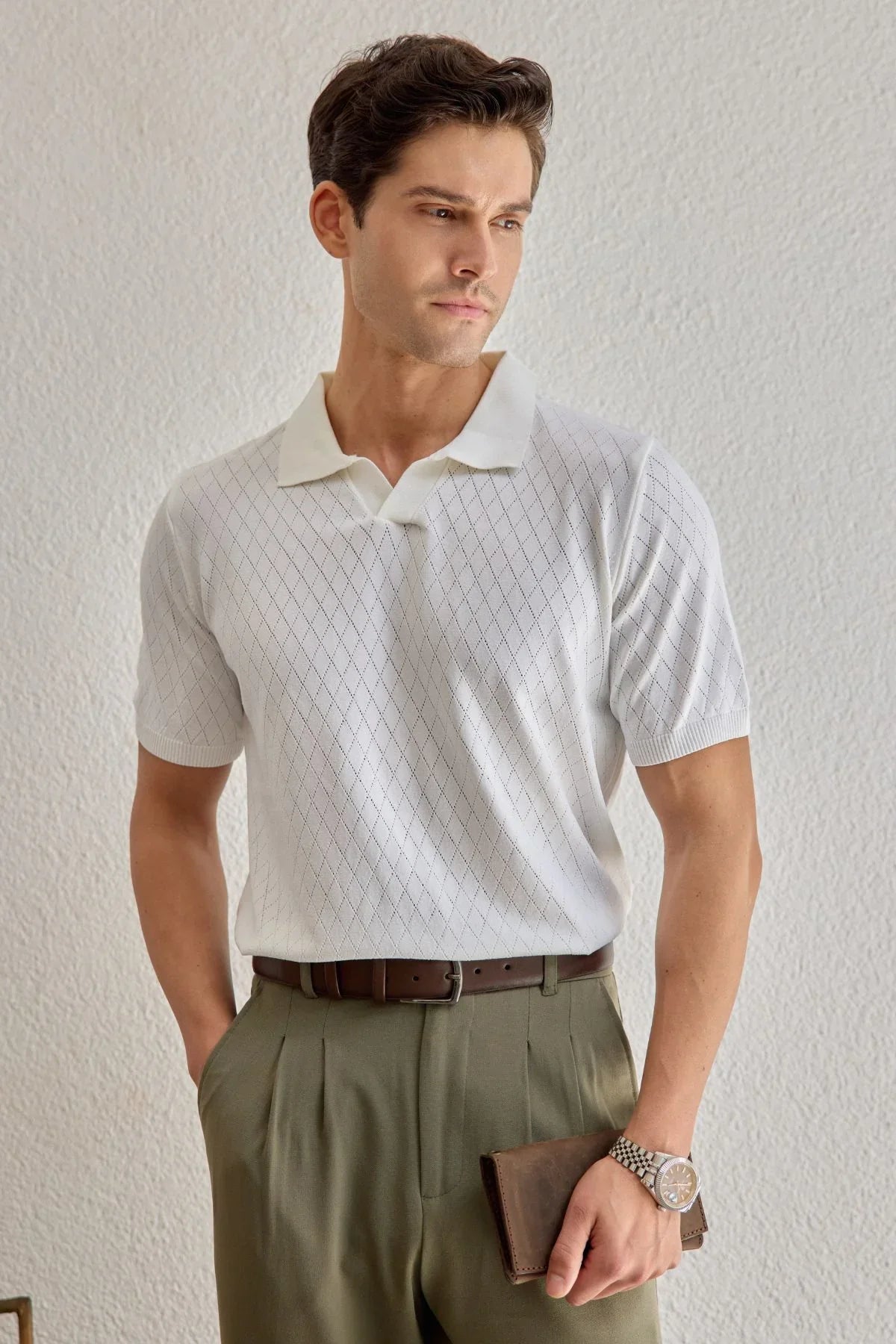 Onor Erkek Kendinden Desenli Polo Yaka Triko Tişört Geniş Kalıp Hafif Doku - Livio Ferri