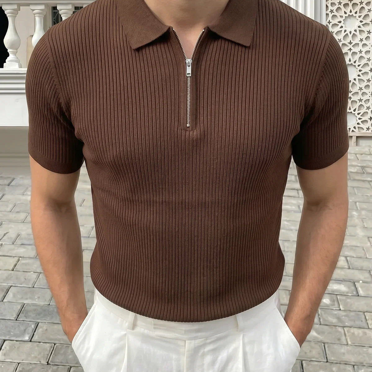 Orin Premium Fitilli Triko Polo Yaka Yarım Fermuarlı Erkek Tişört