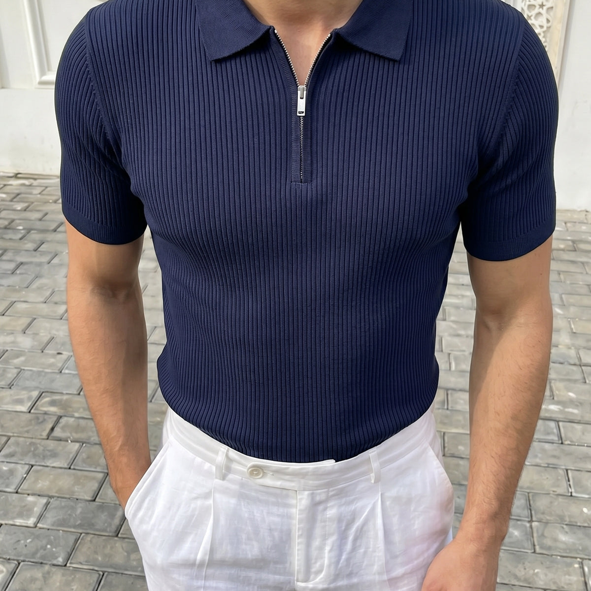 Orin Premium Fitilli Triko Polo Yaka Yarım Fermuarlı Erkek Tişört