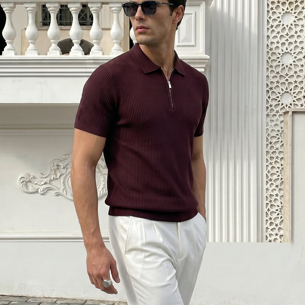 Orin Premium Fitilli Triko Polo Yaka Yarım Fermuarlı Erkek Tişört