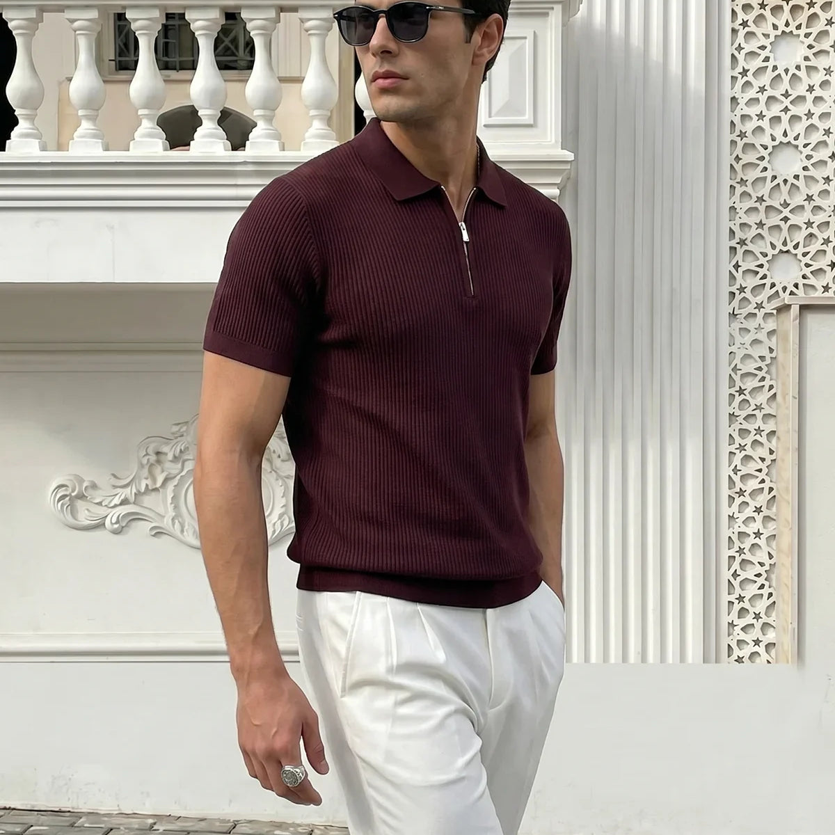 Orin Premium Fitilli Triko Polo Yaka Yarım Fermuarlı Erkek Tişört