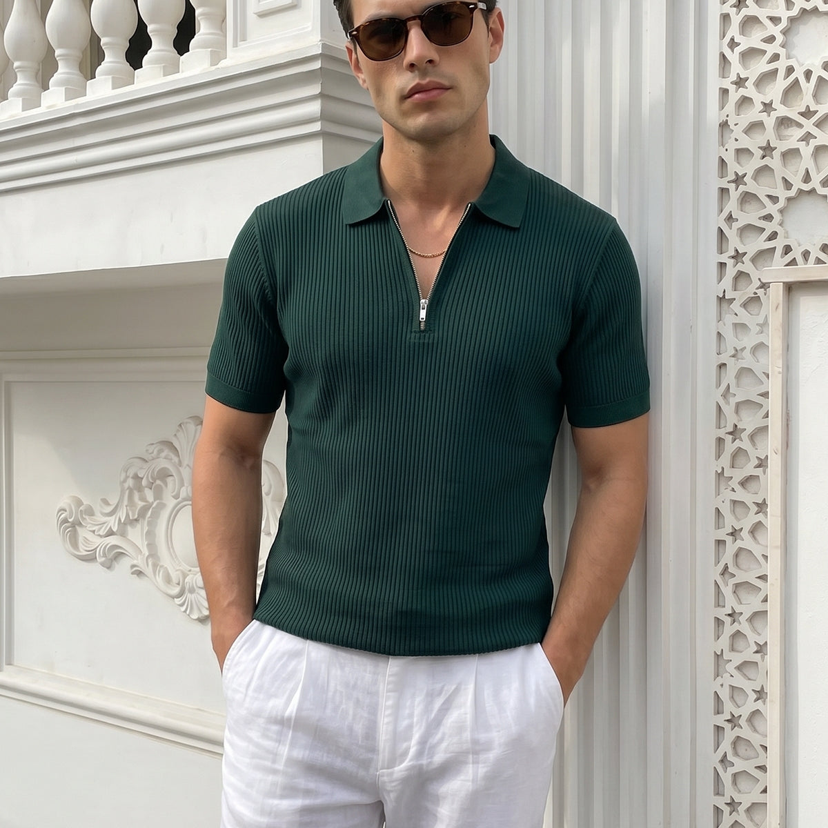 Orin Premium Fitilli Triko Polo Yaka Yarım Fermuarlı Erkek Tişört