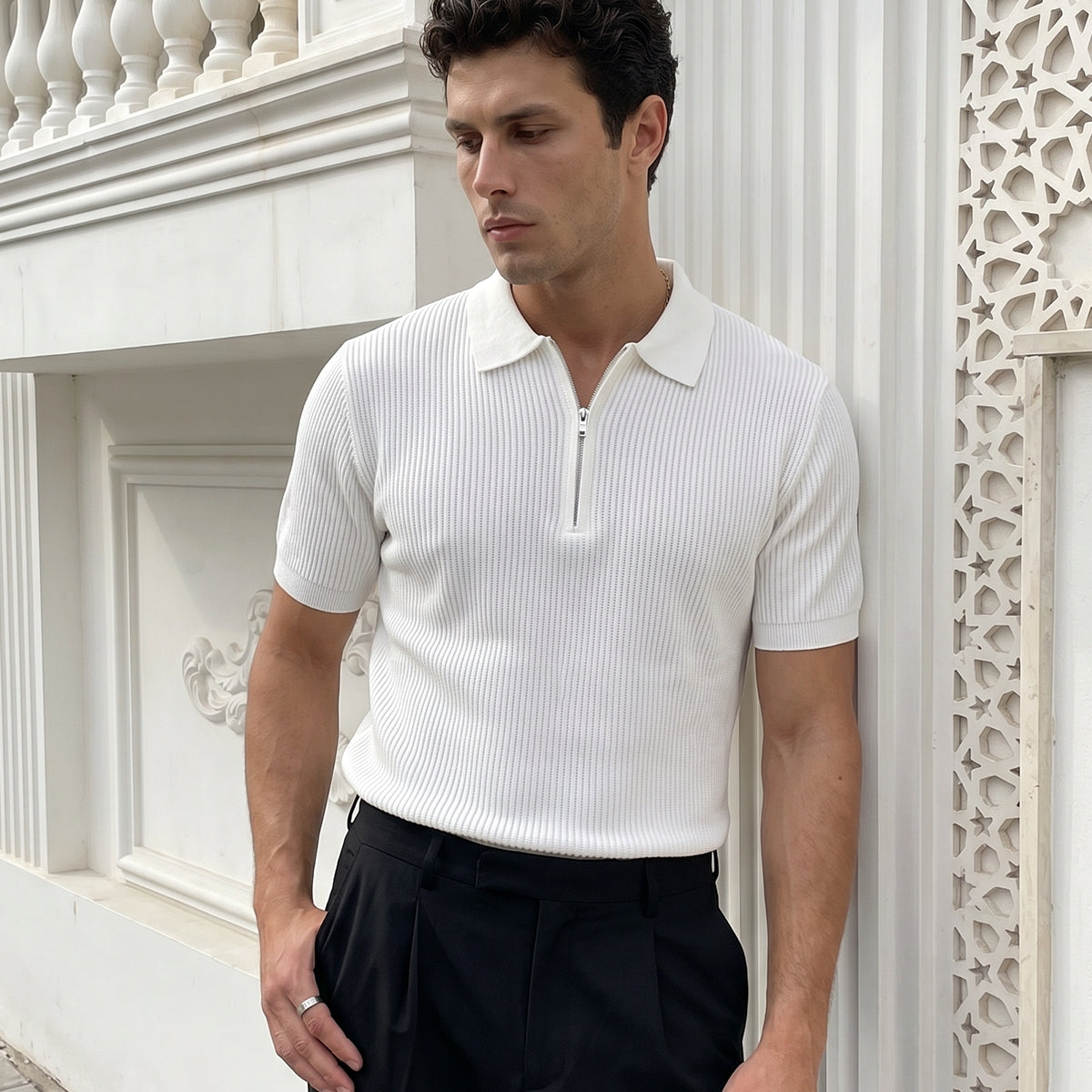 Orin Premium Fitilli Triko Polo Yaka Yarım Fermuarlı Erkek Tişört