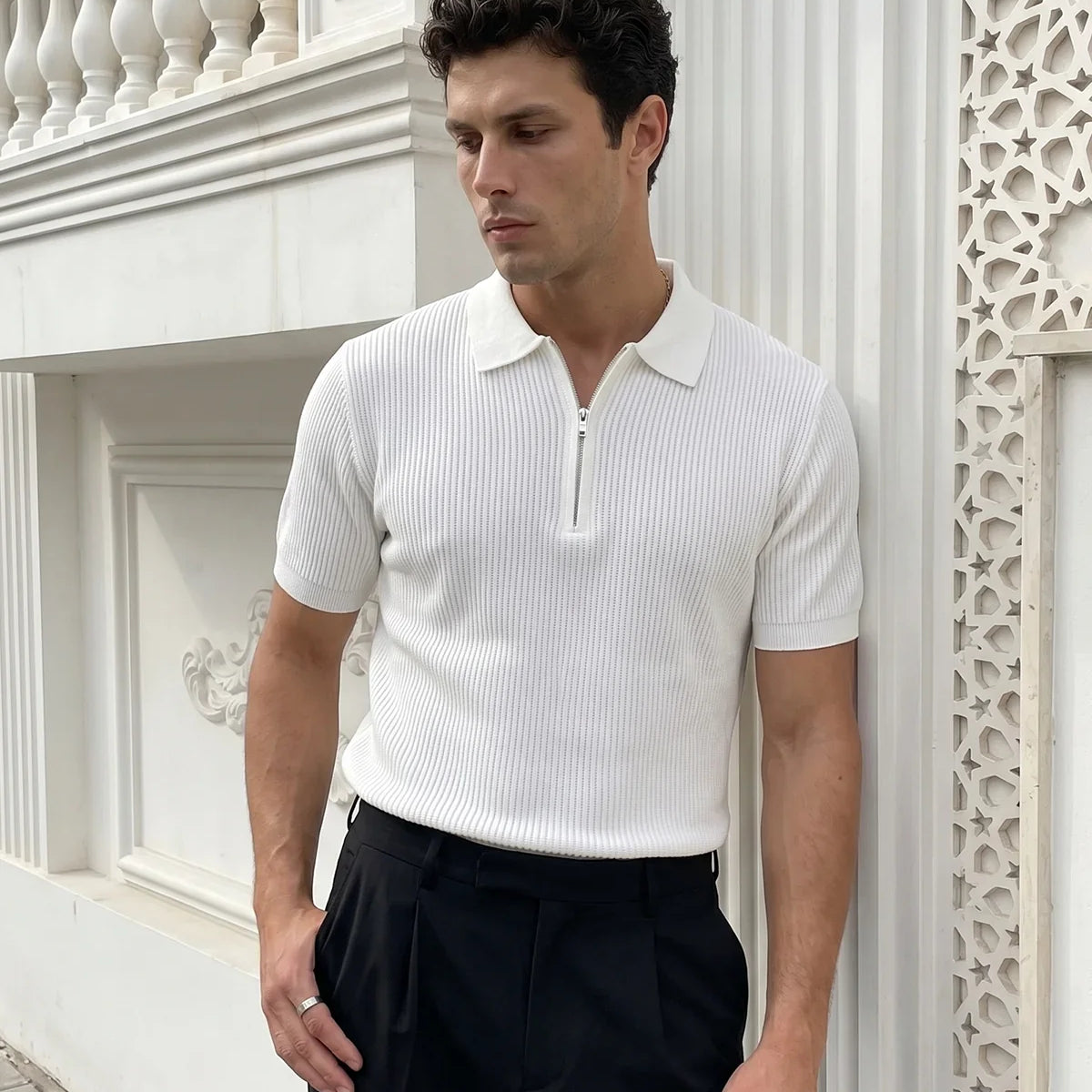 Orin Premium Fitilli Triko Polo Yaka Yarım Fermuarlı Erkek Tişört