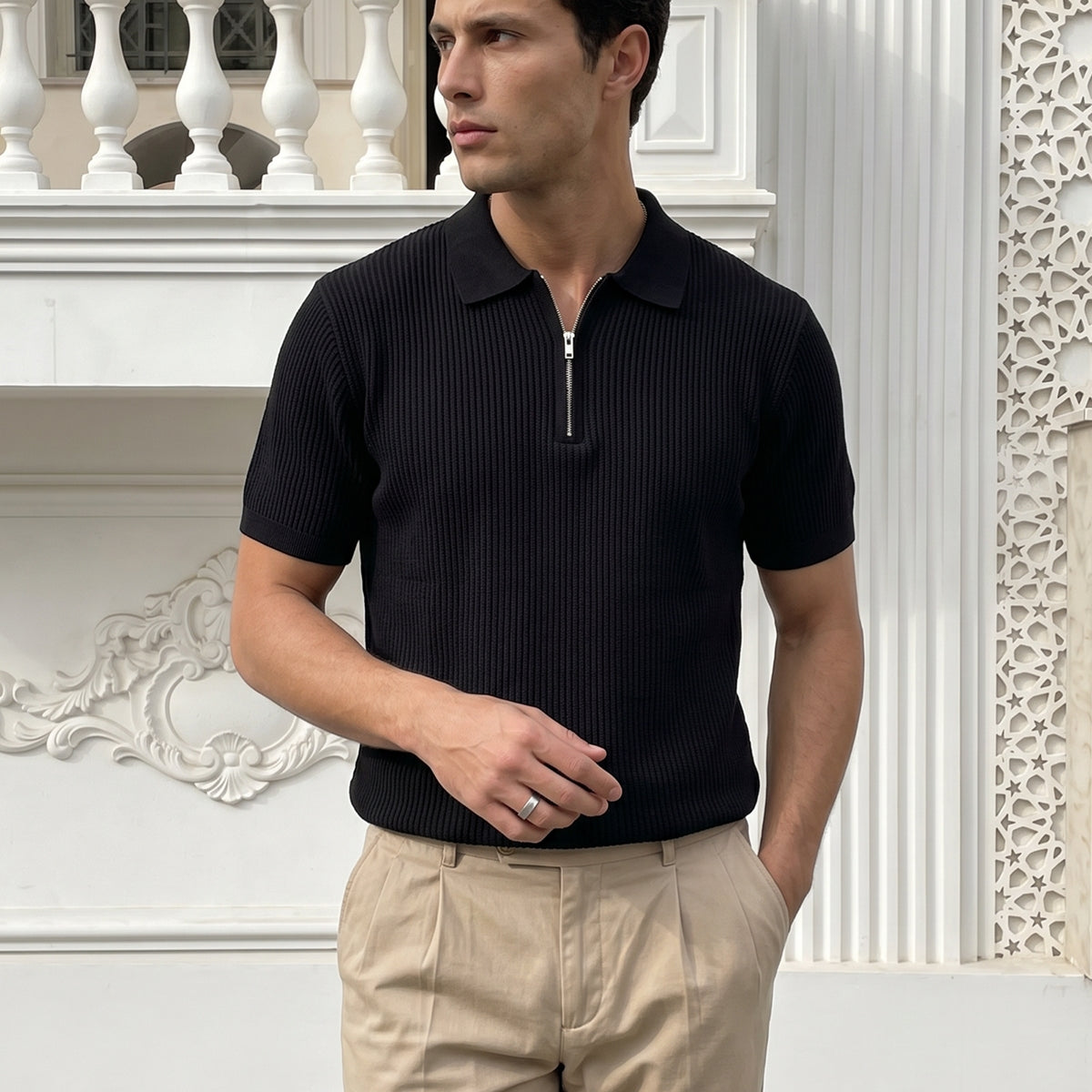 Orin Premium Fitilli Triko Polo Yaka Yarım Fermuarlı Erkek Tişört