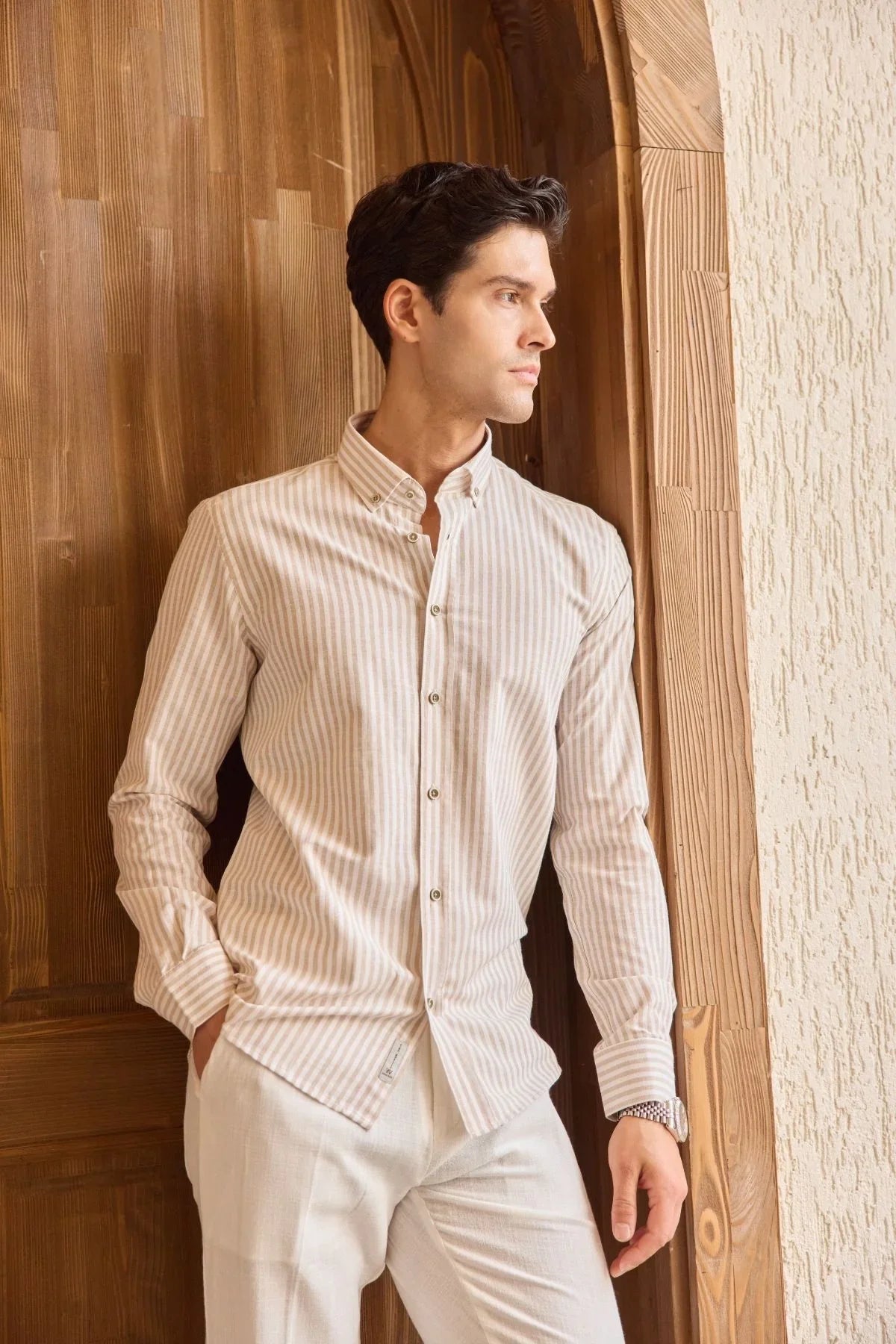 senoc-erkek-gomlek-modern-slim-fit-keten-gorunumlu-kalin-cizgili-24242 - Livio Ferri