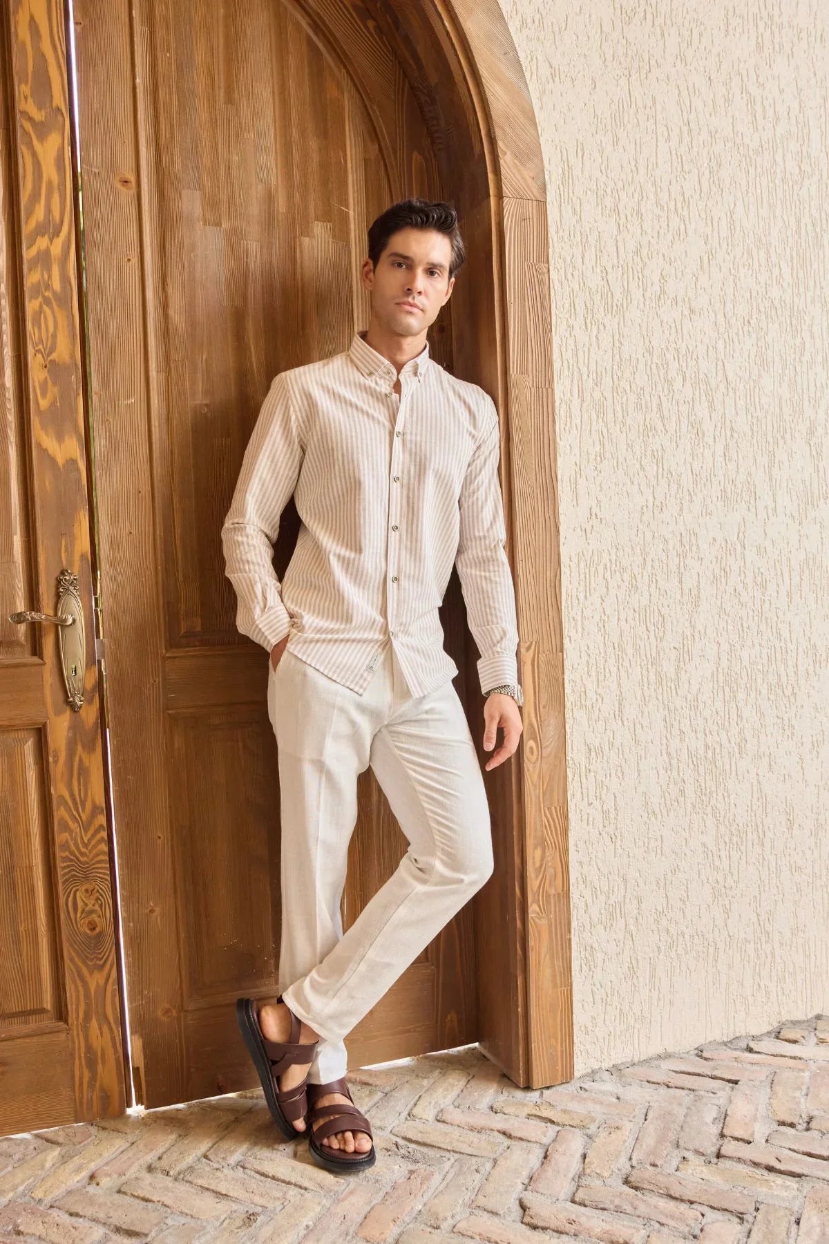 senoc-erkek-gomlek-modern-slim-fit-keten-gorunumlu-kalin-cizgili-24243 - Livio Ferri