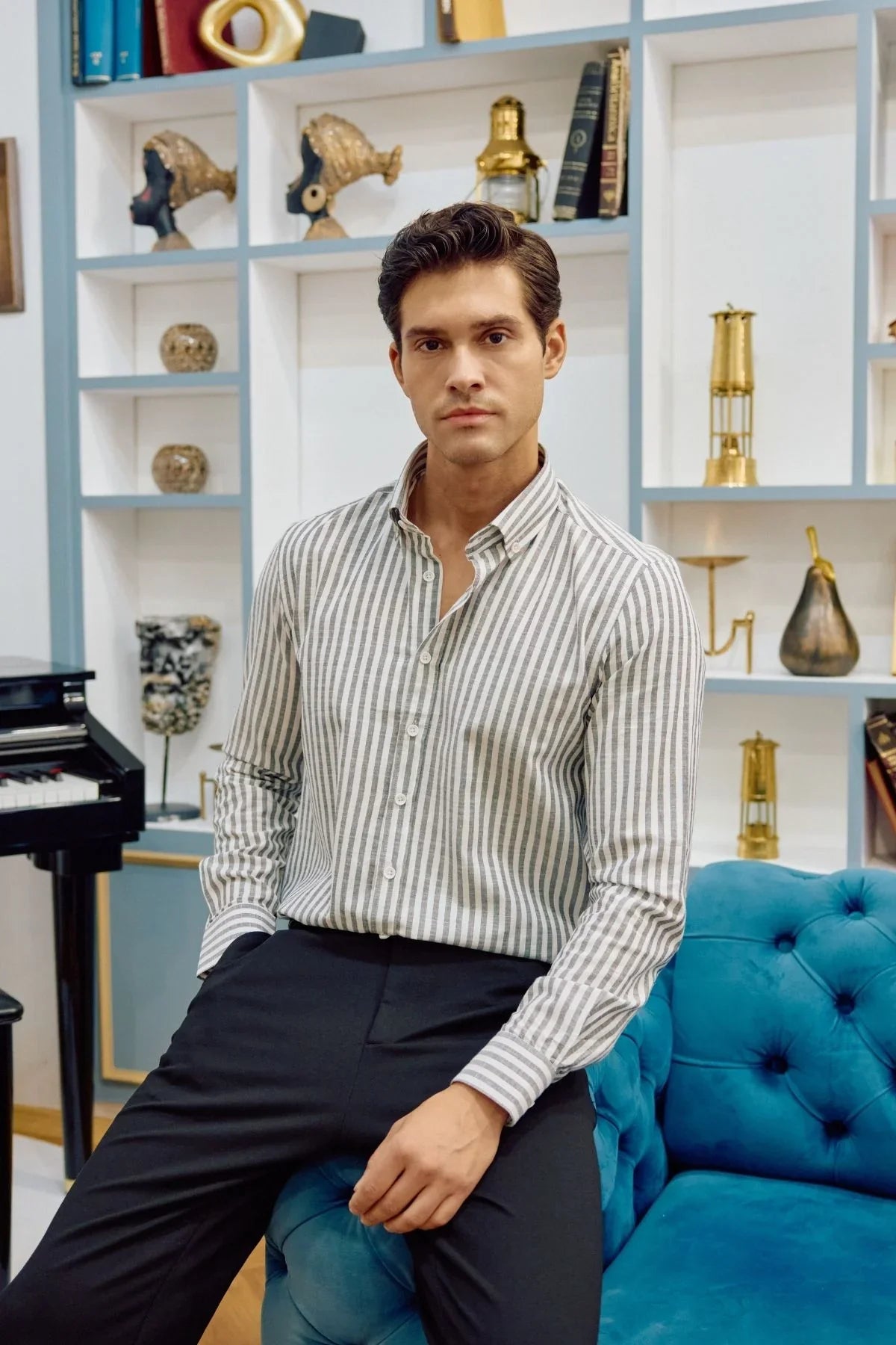 senoc-erkek-gomlek-modern-slim-fit-keten-gorunumlu-kalin-cizgili-24246 - Livio Ferri