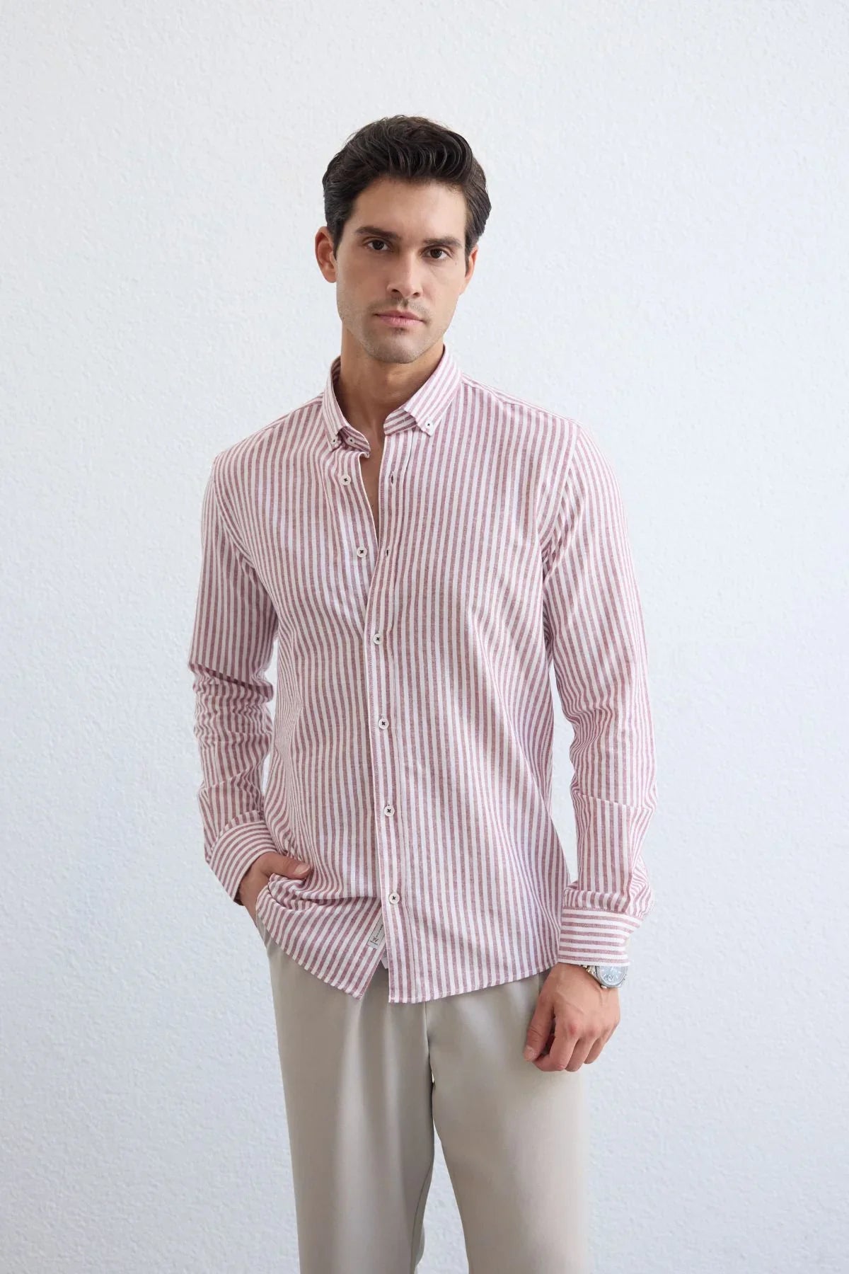 senoc-erkek-gomlek-modern-slim-fit-keten-gorunumlu-kalin-cizgili-24251 - Livio Ferri