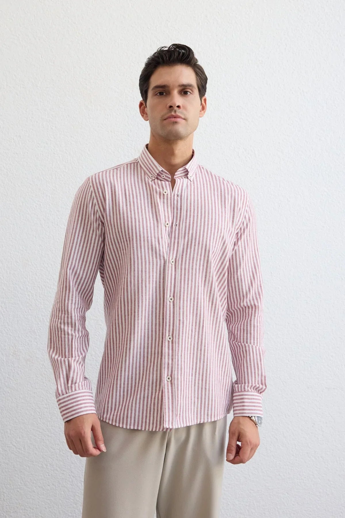 senoc-erkek-gomlek-modern-slim-fit-keten-gorunumlu-kalin-cizgili-24252 - Livio Ferri