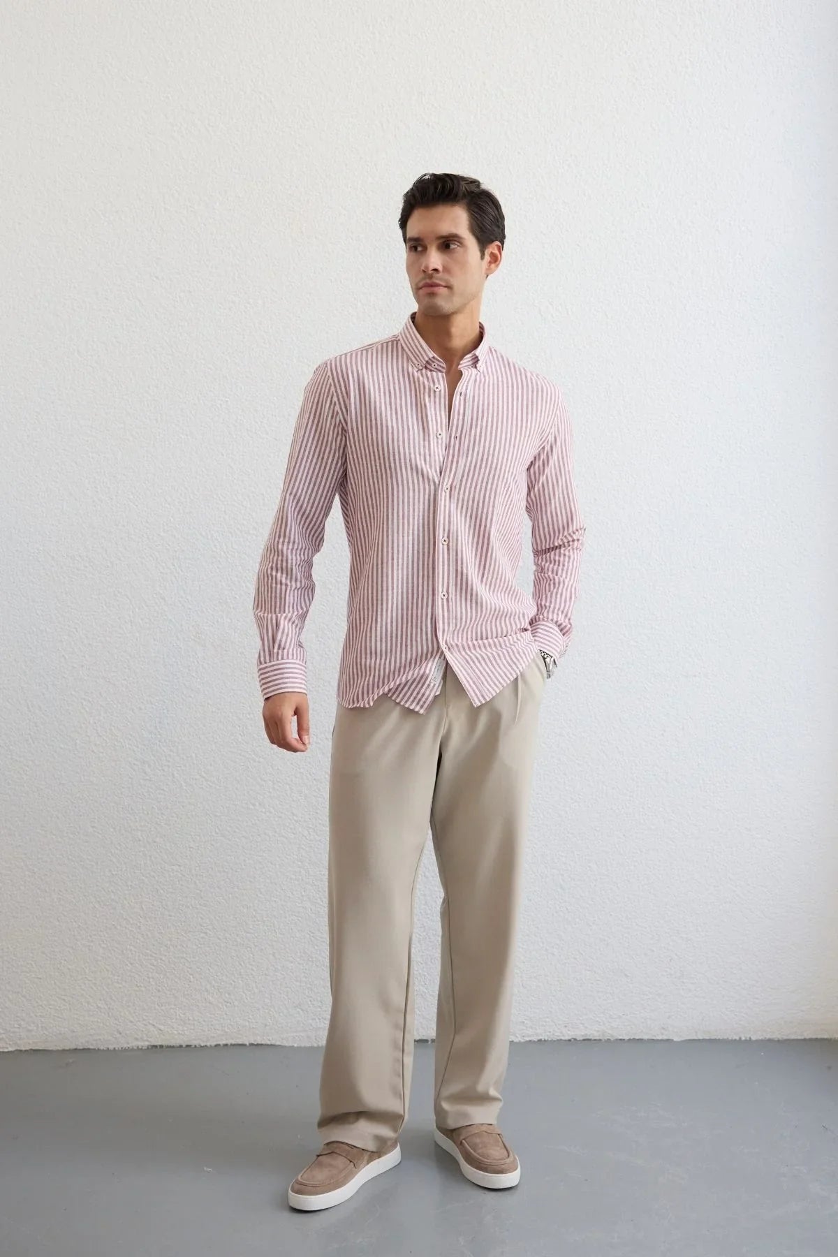 senoc-erkek-gomlek-modern-slim-fit-keten-gorunumlu-kalin-cizgili-24253 - Livio Ferri