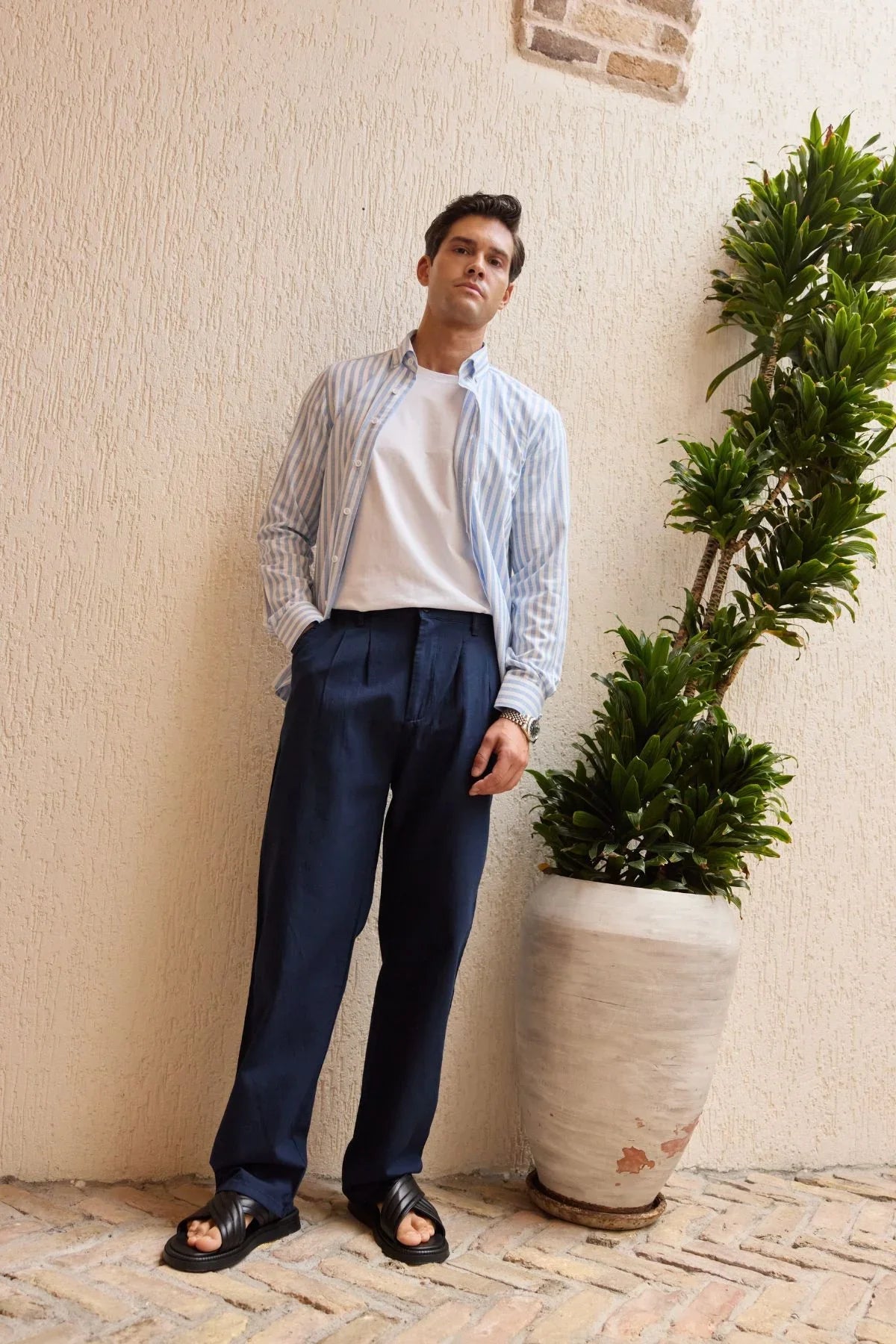 senoc-erkek-gomlek-modern-slim-fit-keten-gorunumlu-kalin-cizgili-24255 - Livio Ferri