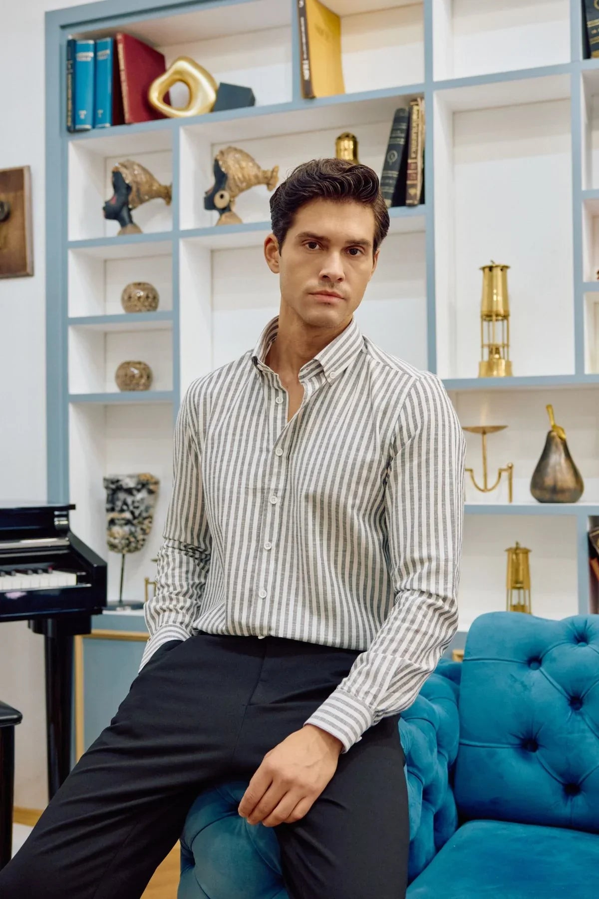 senoc-erkek-gomlek-modern-slim-fit-keten-gorunumlu-kalin-cizgili-24260 - Livio Ferri