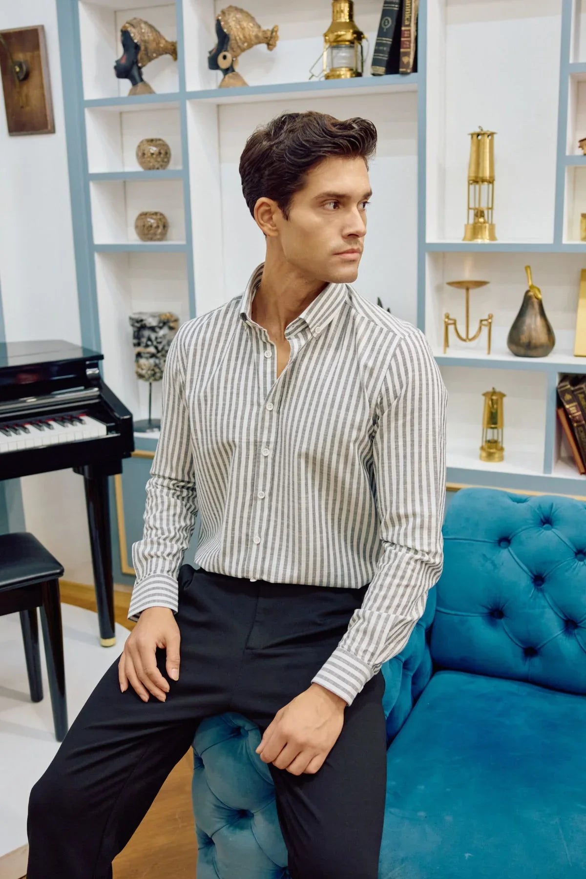 senoc-erkek-gomlek-modern-slim-fit-keten-gorunumlu-kalin-cizgili-24261 - Livio Ferri