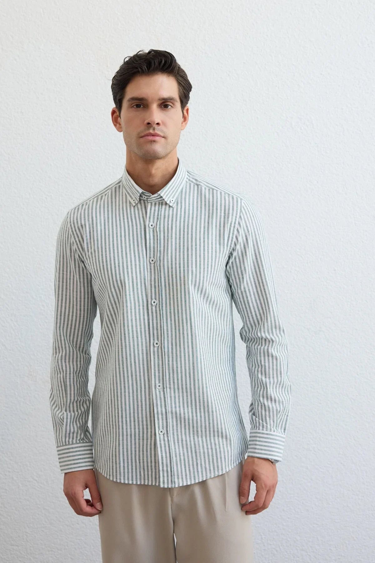 senoc-erkek-gomlek-modern-slim-fit-keten-gorunumlu-kalin-cizgili-24269 - Livio Ferri