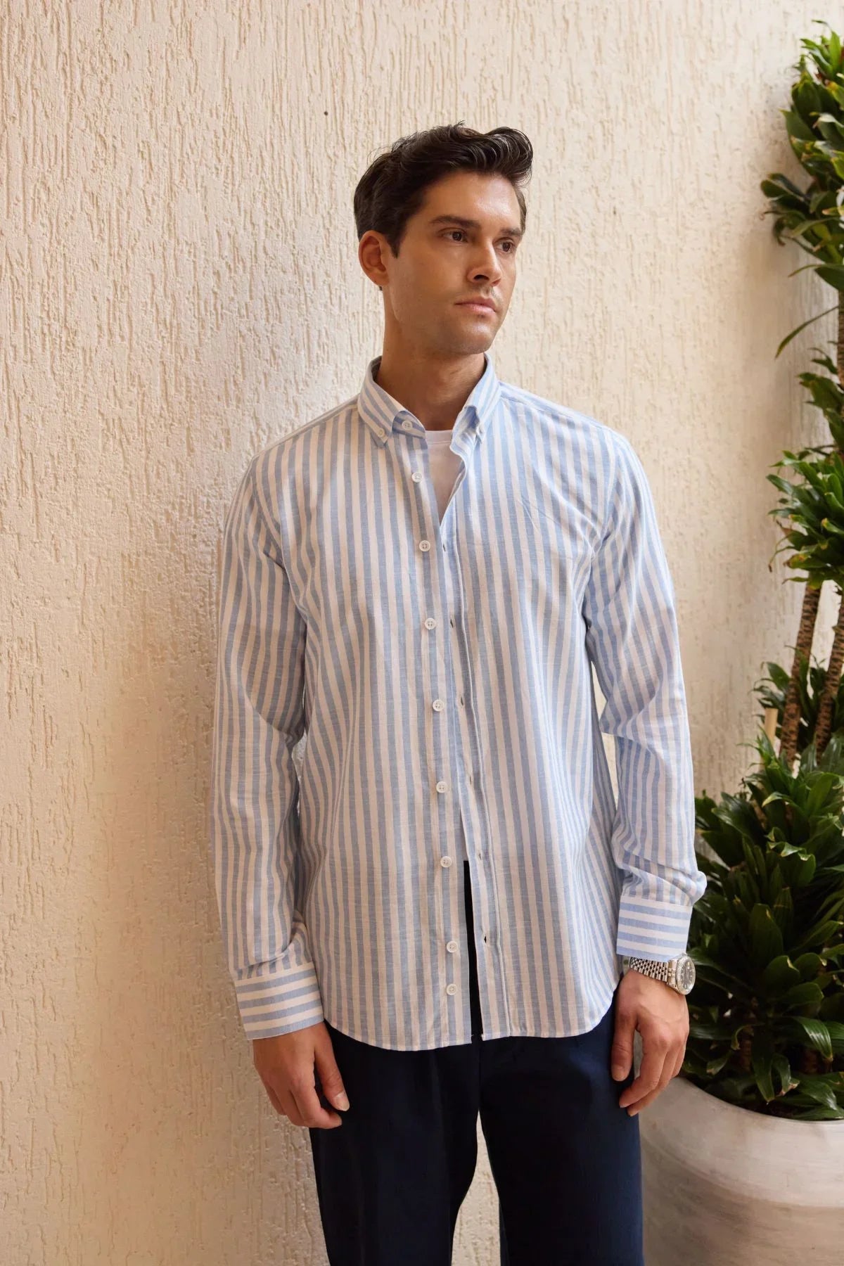 senoc-erkek-gomlek-modern-slim-fit-keten-gorunumlu-kalin-cizgili-24273 - Livio Ferri