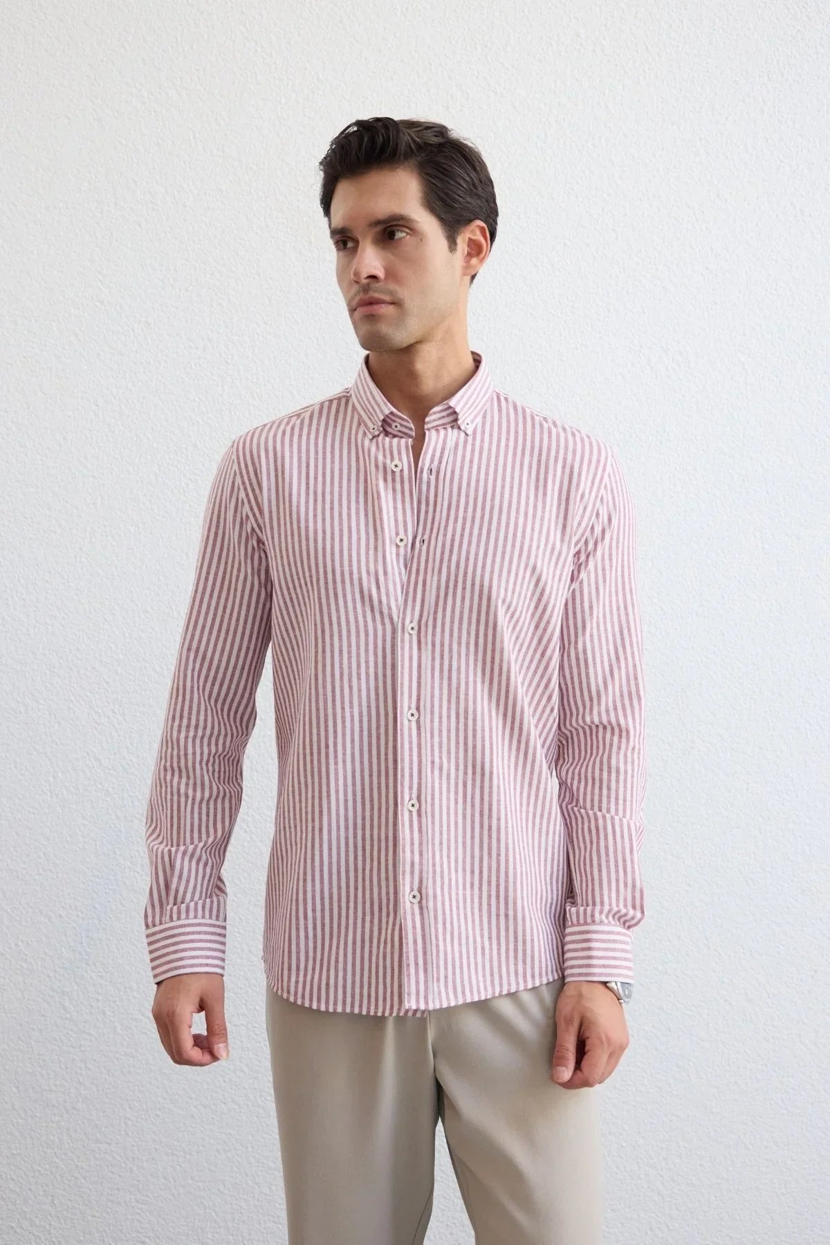 senoc-erkek-gomlek-modern-slim-fit-keten-gorunumlu-kalin-cizgili-24274 - Livio Ferri