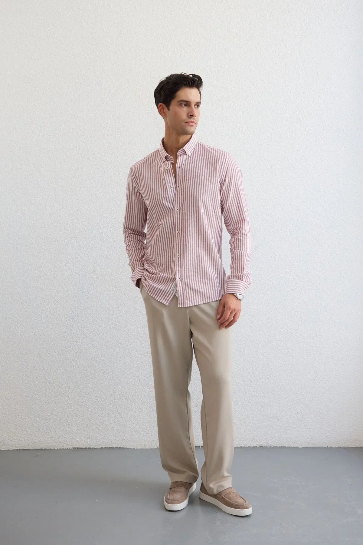 senoc-erkek-gomlek-modern-slim-fit-keten-gorunumlu-kalin-cizgili-24275 - Livio Ferri